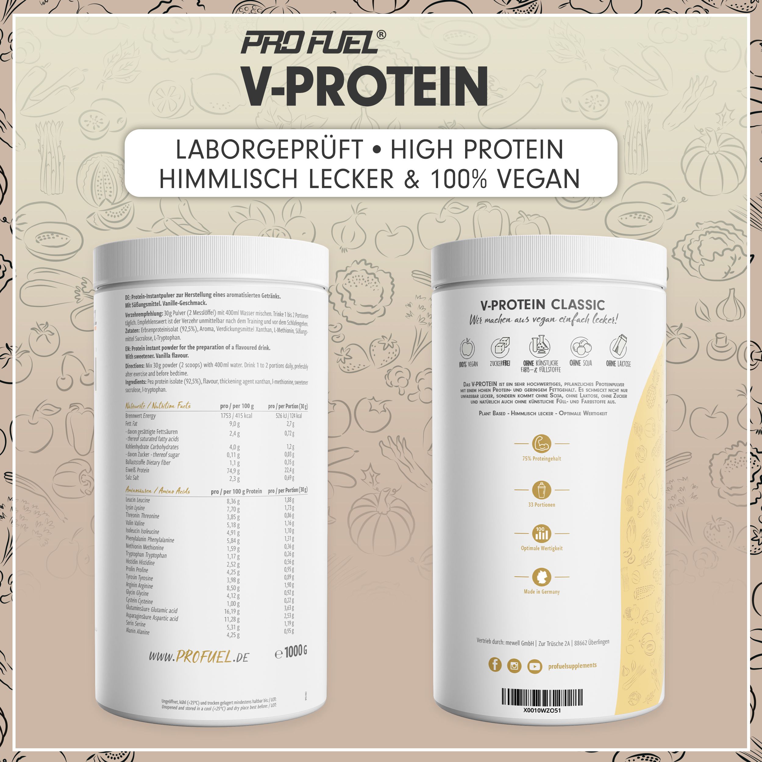 ProFuel - V-PROTEIN Classic - Vanille - veganes Proteinpulver mit 75% Protein