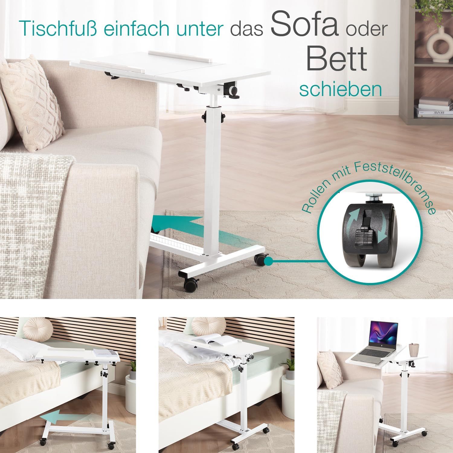 aktivshop mobiler Betttisch auf Rollen, Stehtisch höhen- & breitenverstellbar, neig- & kippbar