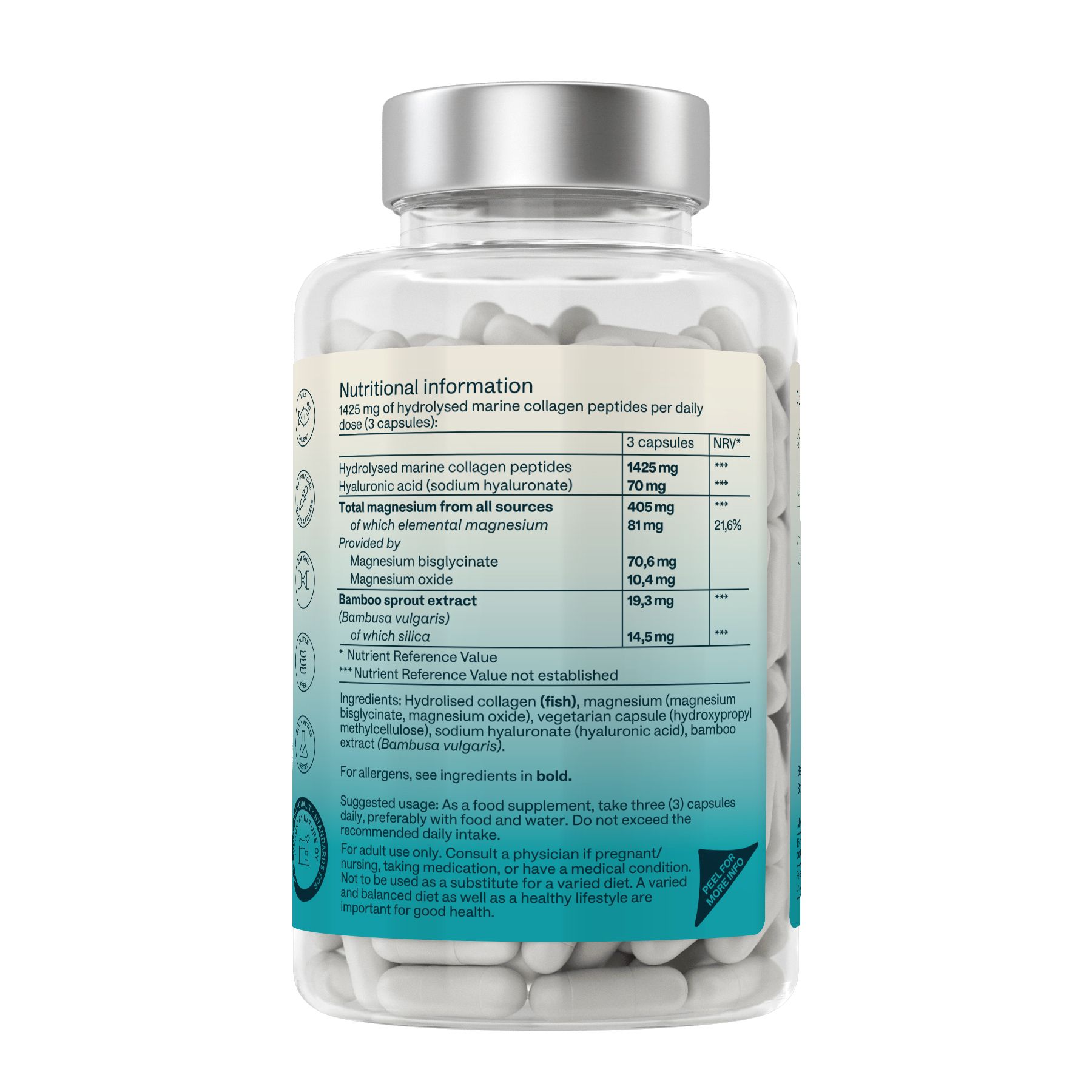 Rückseite der Aavalabs Marine Collagen Flasche. Enthält Nährwertangaben und Inhaltsstoffe. 1425 mg hydrolysiertes Kollagen.