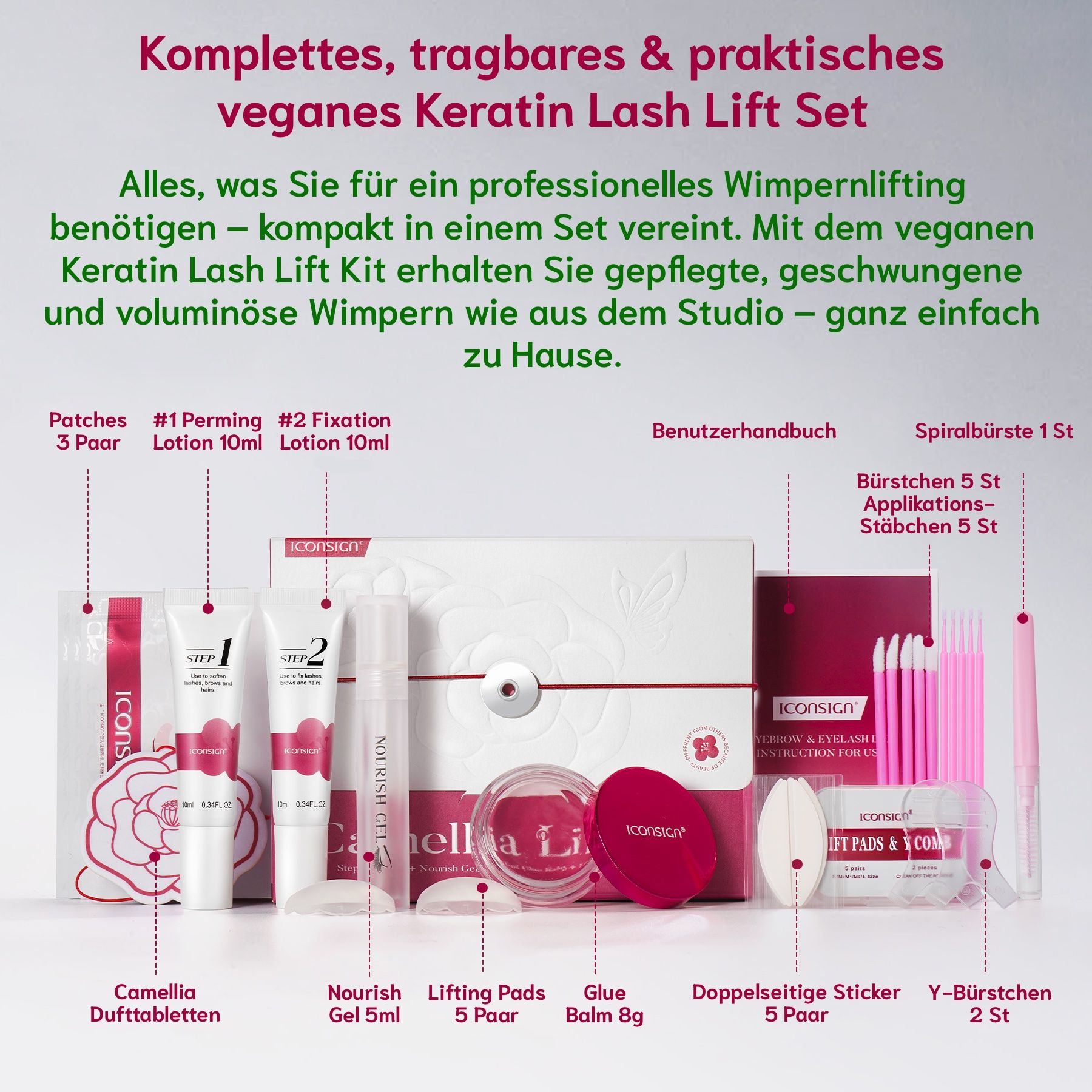 Komplettes Wimpernlifting-Set. Enthält Cremes, Bürsten, Pads, Kleber und Zubehör. Verpackung mit Produktnamen.