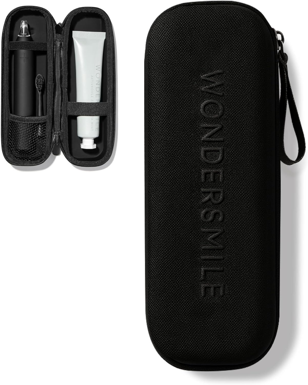 Schwarzes, längliches Etui mit Reißverschluss und Tragegriff. Geprägter Schriftzug: Wondersmile. Geöffnetes Etui mit Inhalt.