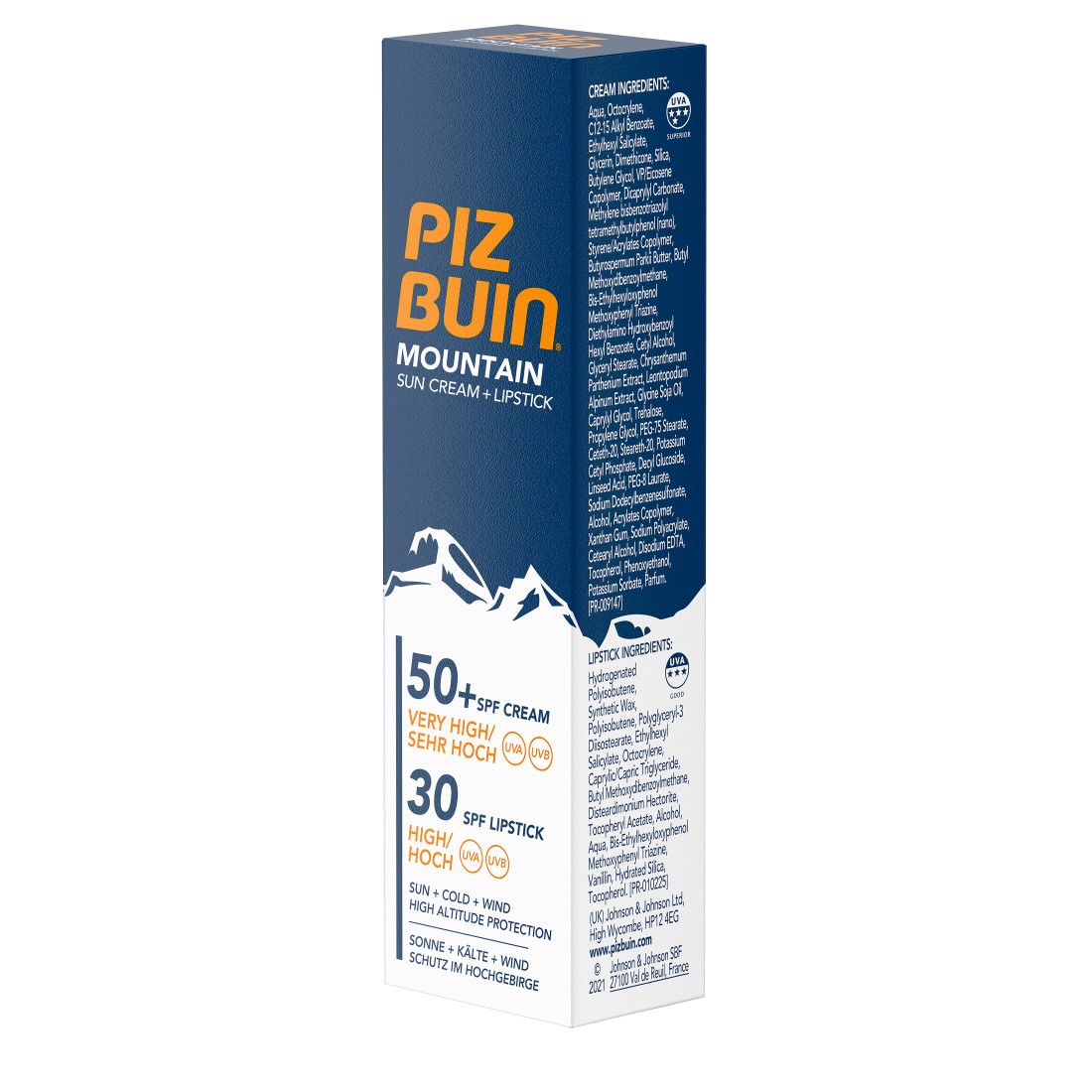 Produktverpackung. Blaue Schachtel. Text: Piz Buin, Mountain, 50+ SPF Cream, 30 SPF Lipstick. Berge-Illustration. Inhaltsstoffe.