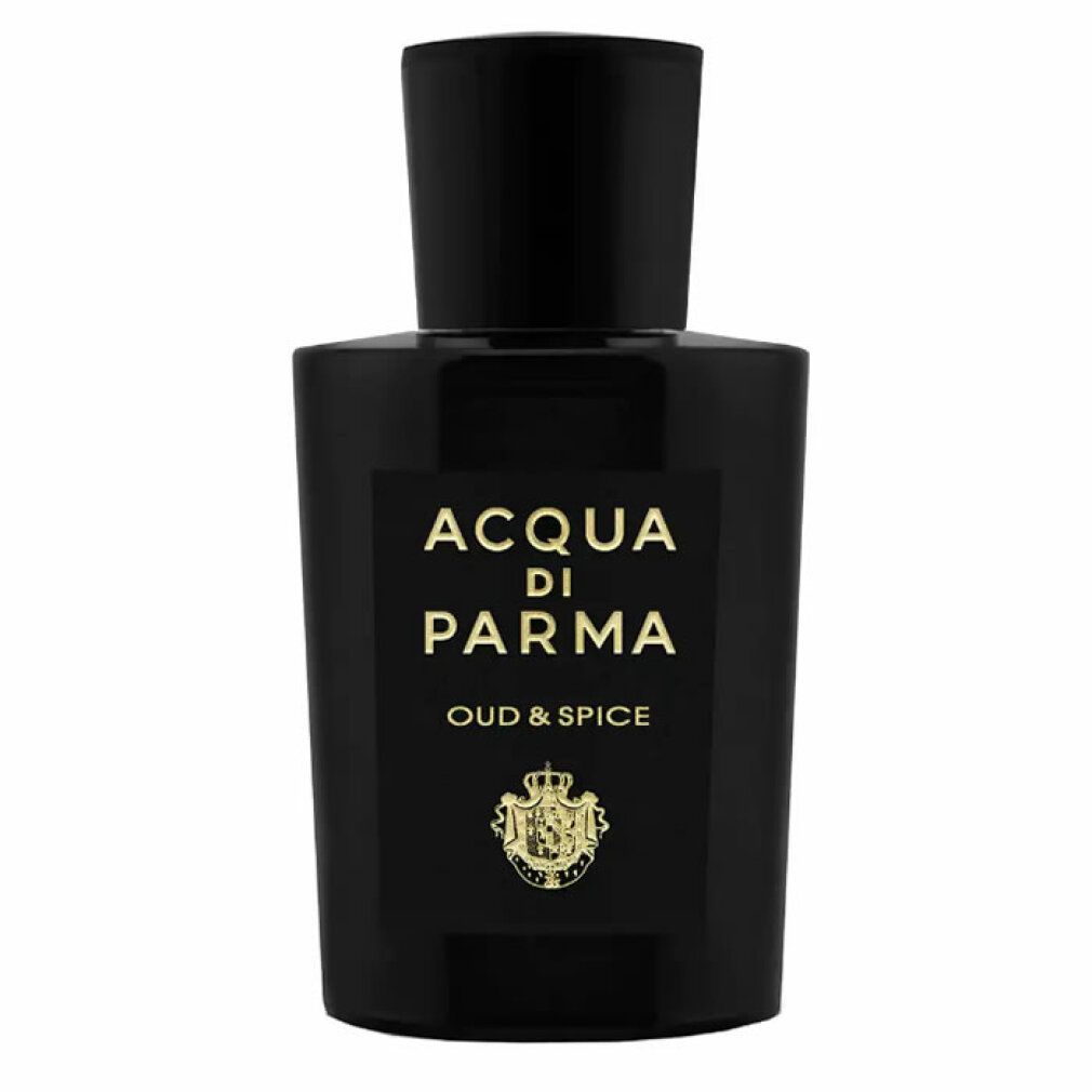 Schwarze Flasche mit Aufschrift ACQUA DI PARMA, OUD & SPICE. Schwarzer Deckel. Goldfarbene Schrift.