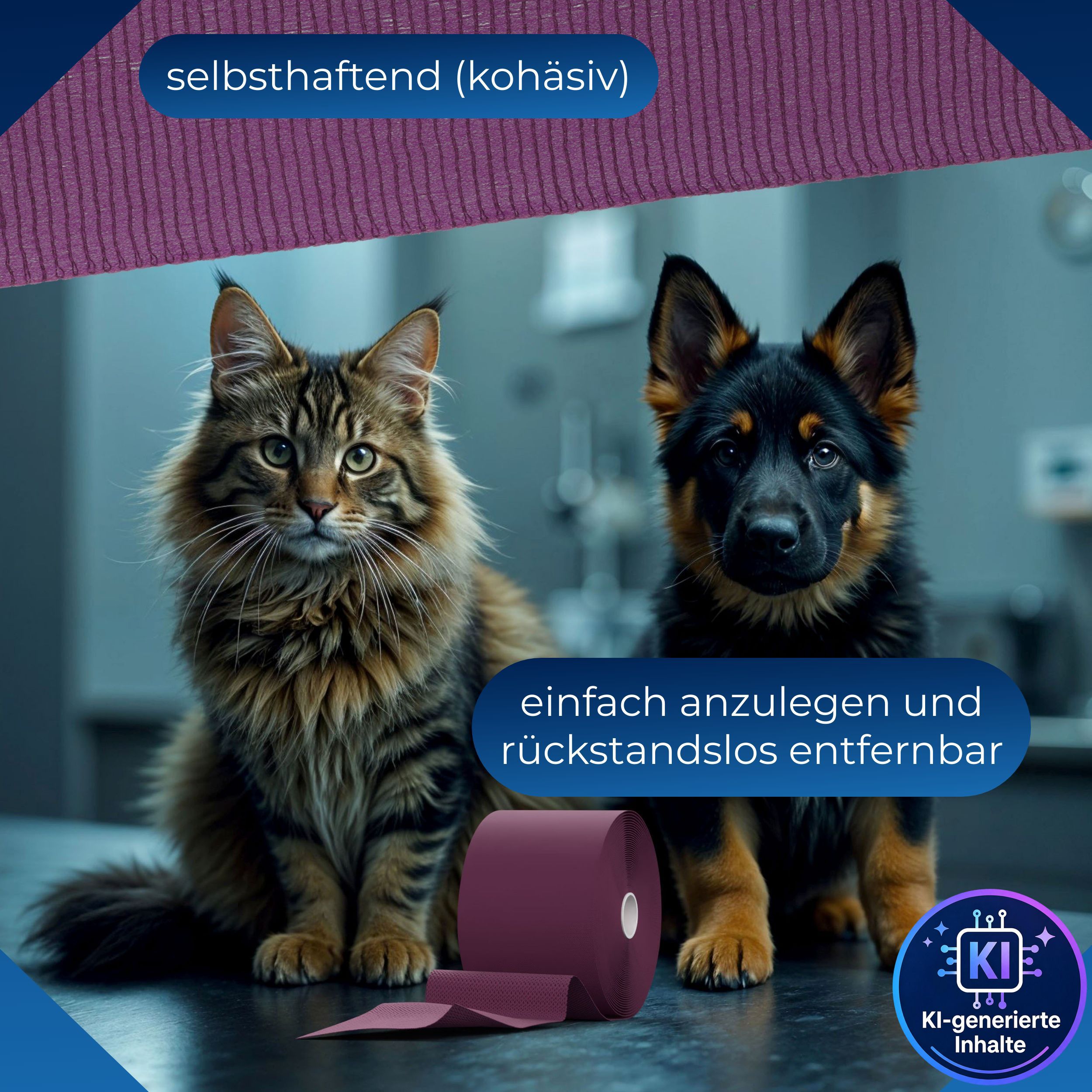 Selbsthaftende (kohäsive) Fixierbinde, einfach anzulegen und rückstandslos entfernbar.