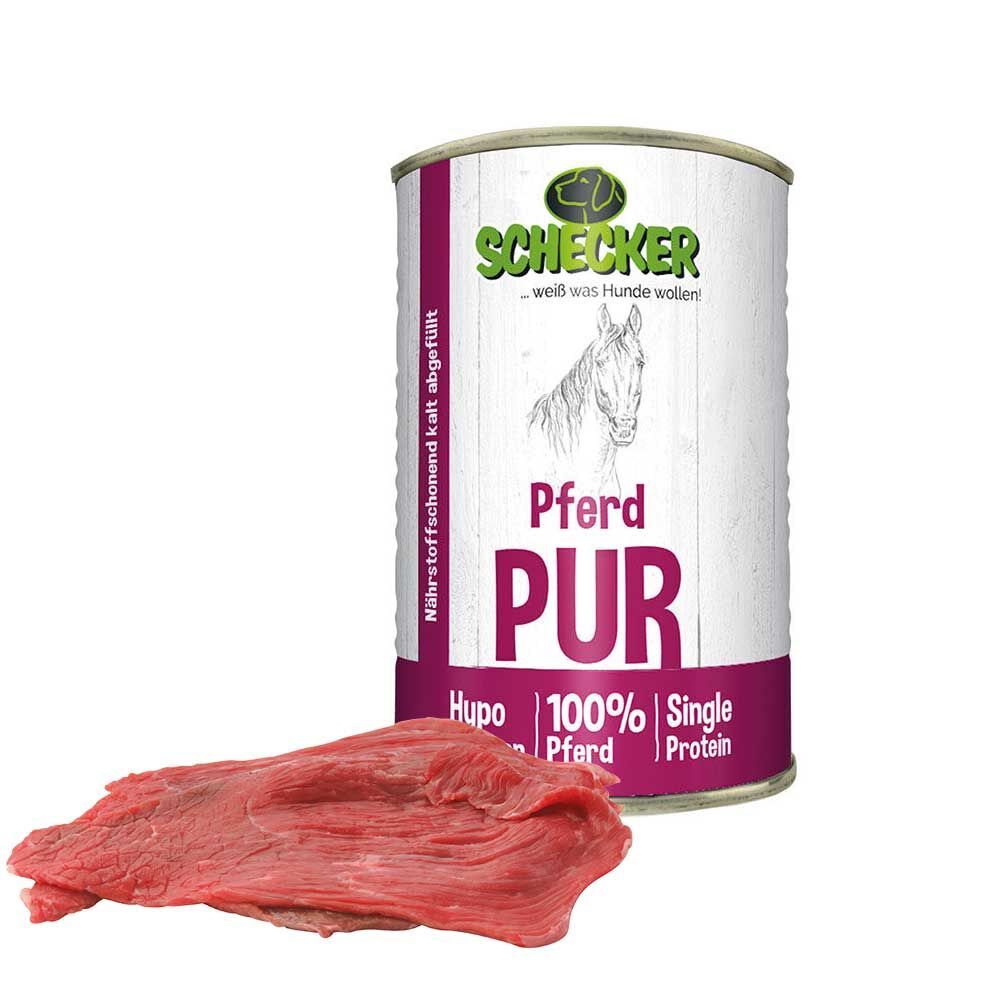 Zylindrische Dose mit lila Etikett. Aufschrift "Schecker Pferd PUR". Logo mit Hund und Pferd. Daneben rohes Fleisch. Text: Hypoallergen, 100% Pferd, Single Protein.