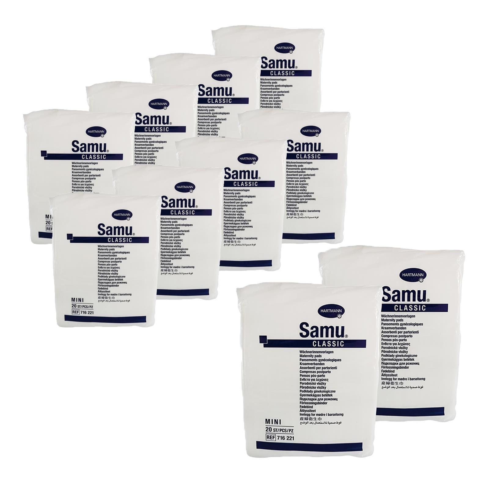 Mehrere Packungen Hartmann Samu Classic Mini. Weiße Verpackungen mit Produktnamen und Text. 10er Set.