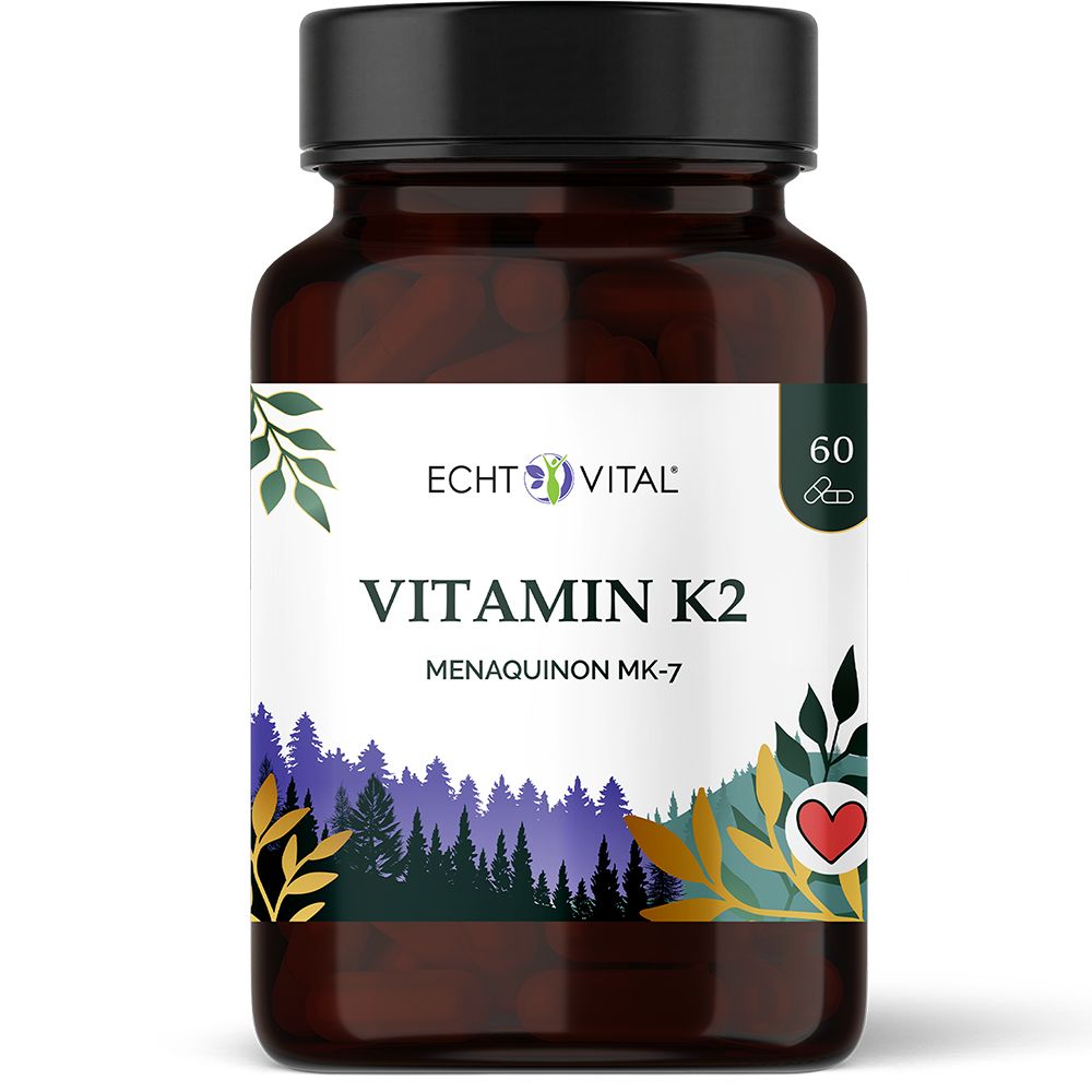 Echt Vital Vitamin K2 Flasche mit 60 Kapseln, Menaquinon MK-7.