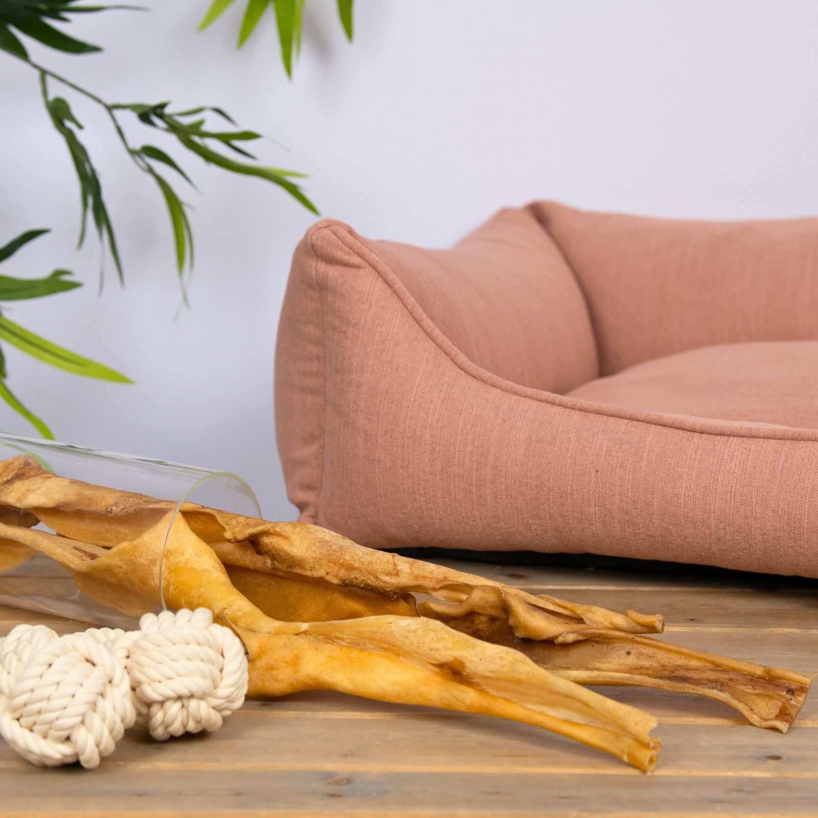 Lyra Pet Rinderkopfhautstangen neben einem rosafarbenen Hundebett und Seilkugeln.