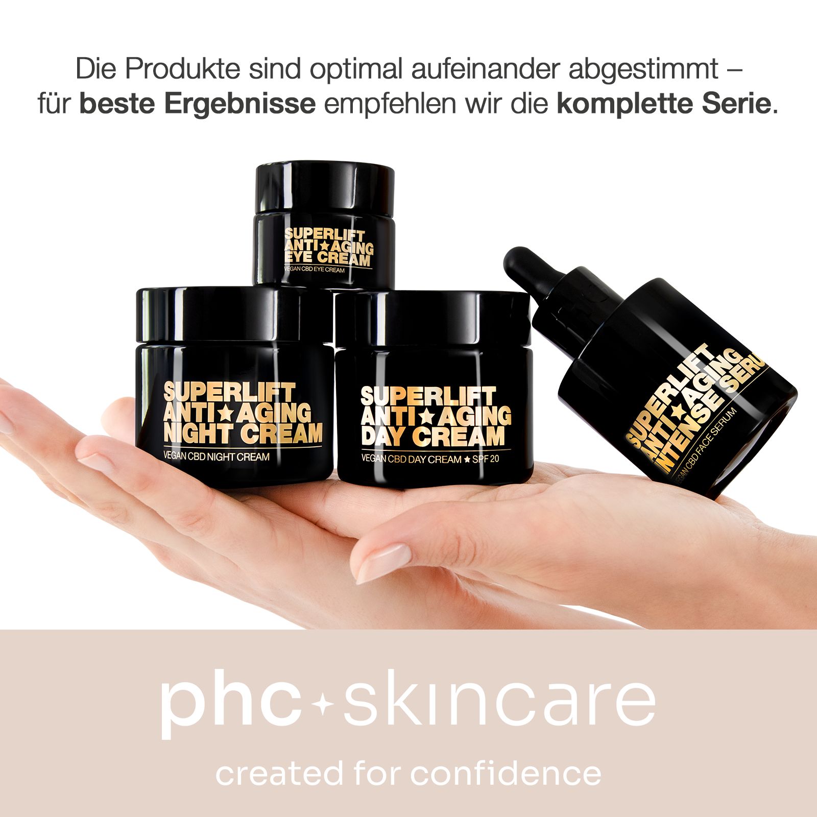 Hand mit mehreren Tiegeln und einer Serumflasche. Auf den Produkten steht "SUPERLIFT ANTI-AGING". Logo "phc+ skincare".