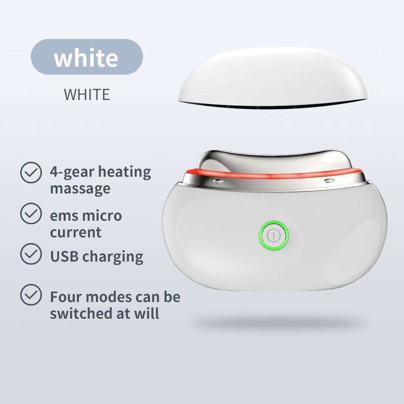Weißes Gesichts-Lifting-Gerät. Mit rotem Licht und grünem Knopf. Text: 4-Gang-Massage, EMS-Mikrostrom, USB-Aufladung.