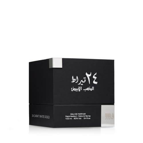 Schwarzer Karton mit silbernen Ecken. Aufschrift in Arabisch und Englisch: 24 Carat White Gold. Text: Eau de Parfum.