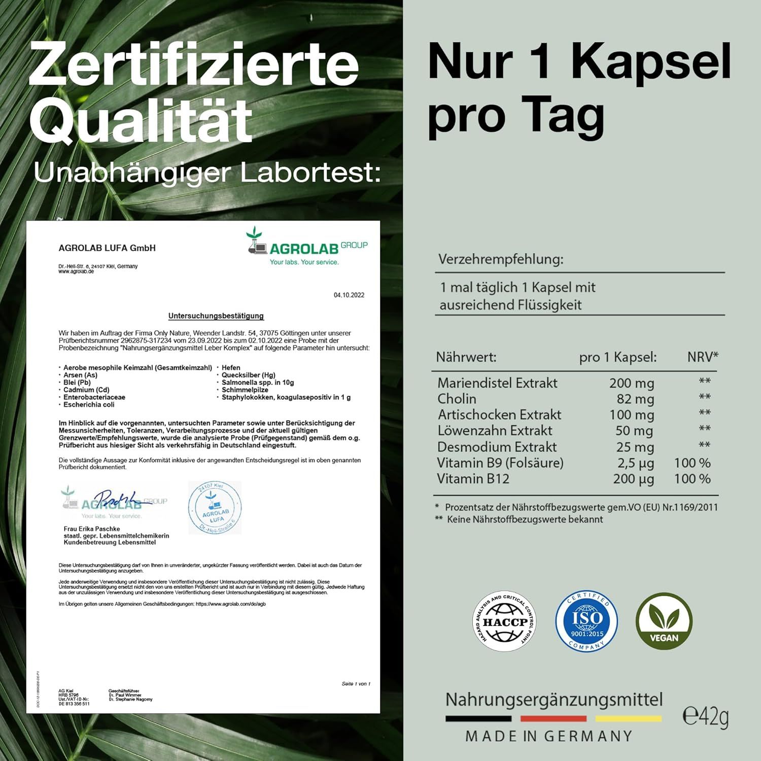 Zertifizierte Qualität. Laborbericht. Text: Nur 1 Kapsel pro Tag. Nährwertangaben. ISO, Vegan, HACCP. Made in Germany.