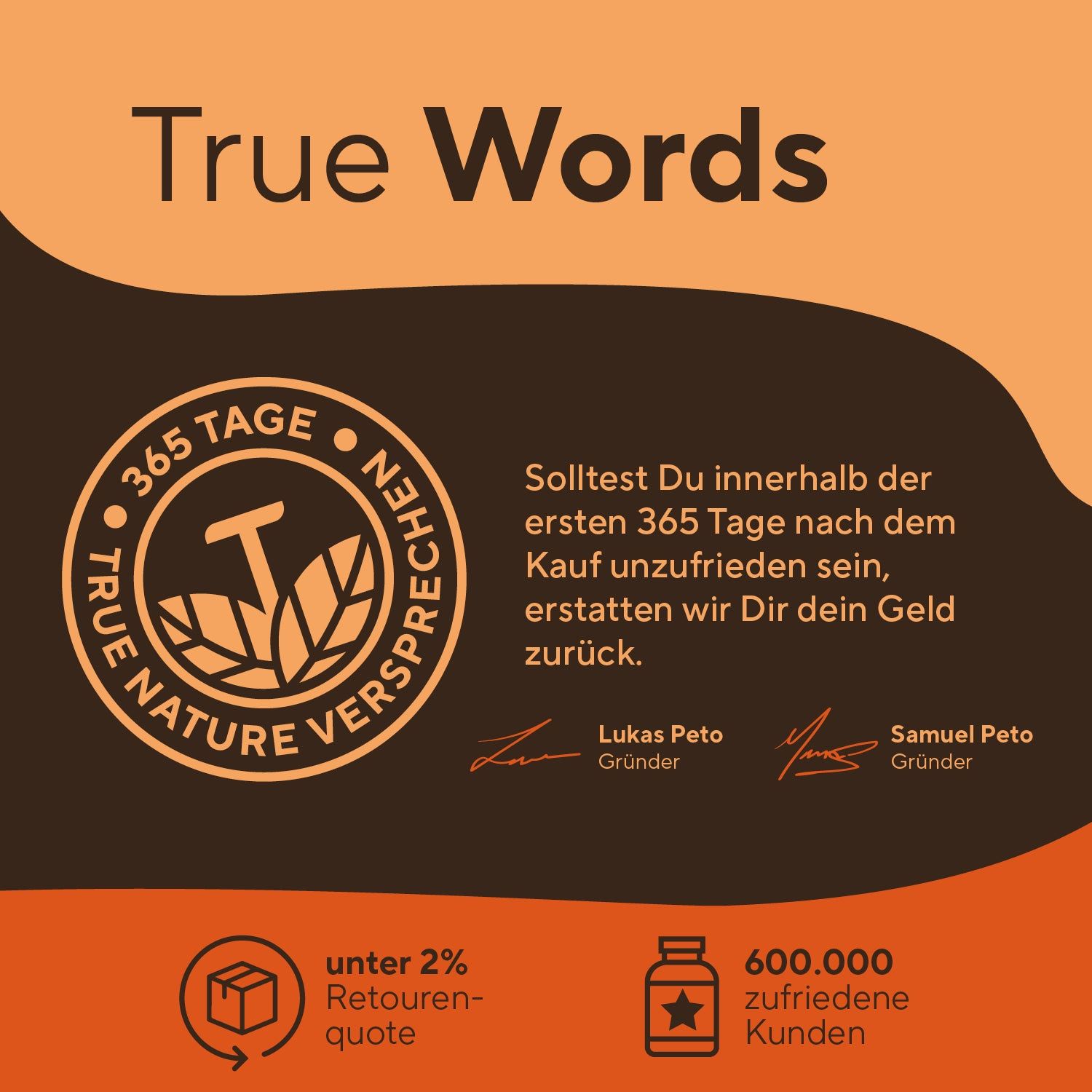 Logo mit Text: TRUE NATURE VERSRECHEN. Text: 365 Tage Geld-zurück-Garantie. Logos: unter 2% Retourenquote, 600.000 zufriedene Kunden.