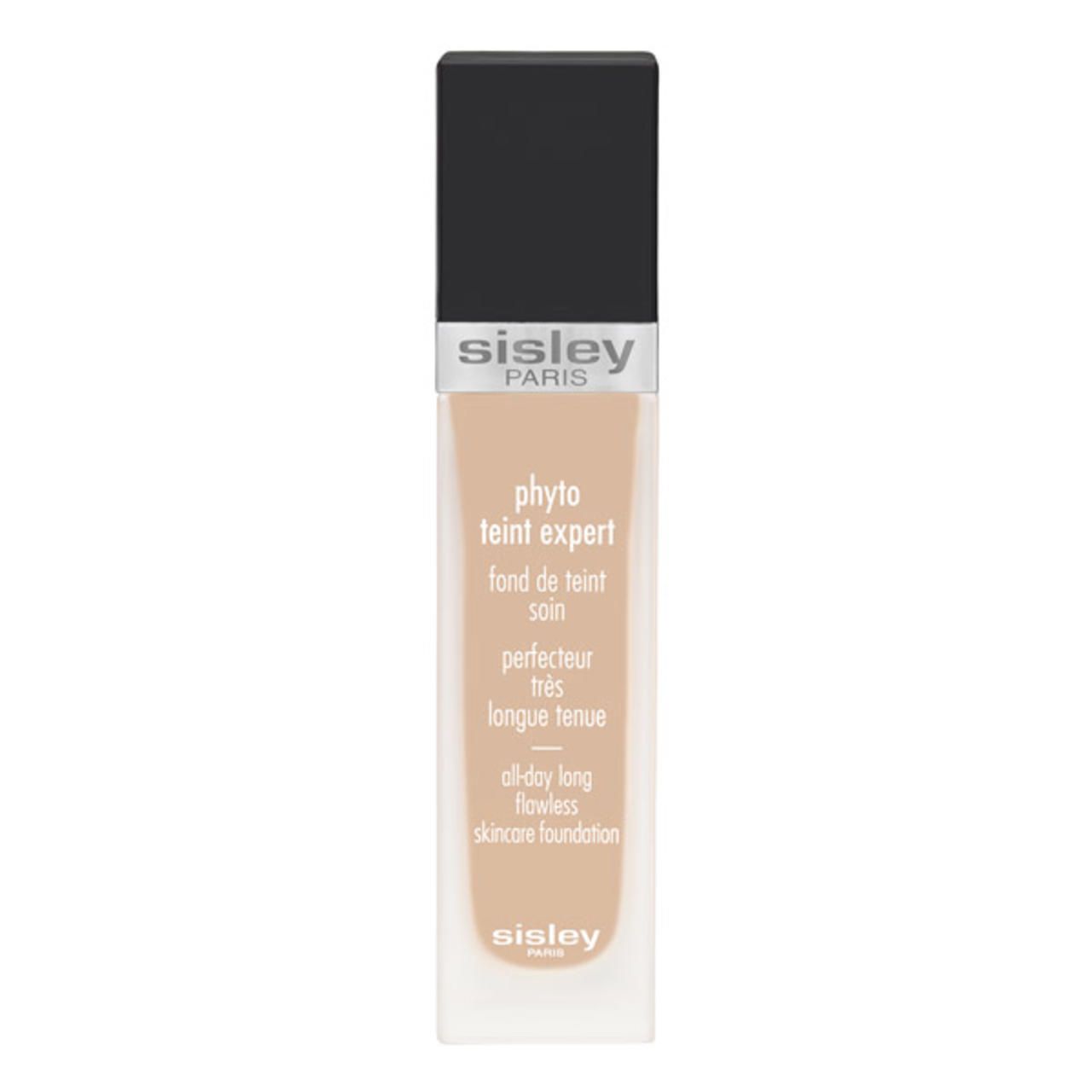 Sisley Phyto-Teint Expert. Flasche mit schwarzem Deckel. Text: 'all-day long flawless skincare foundation'.