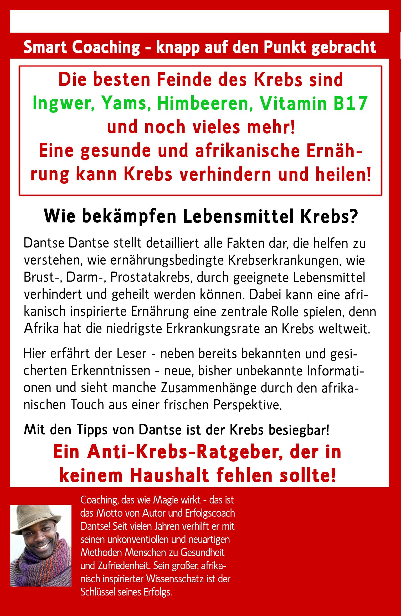 Rückseite eines Buches mit Text. Titel: Wie bekämpft Lebensmittel Krebs? Autor: Dantse. Mit Foto einer Person.