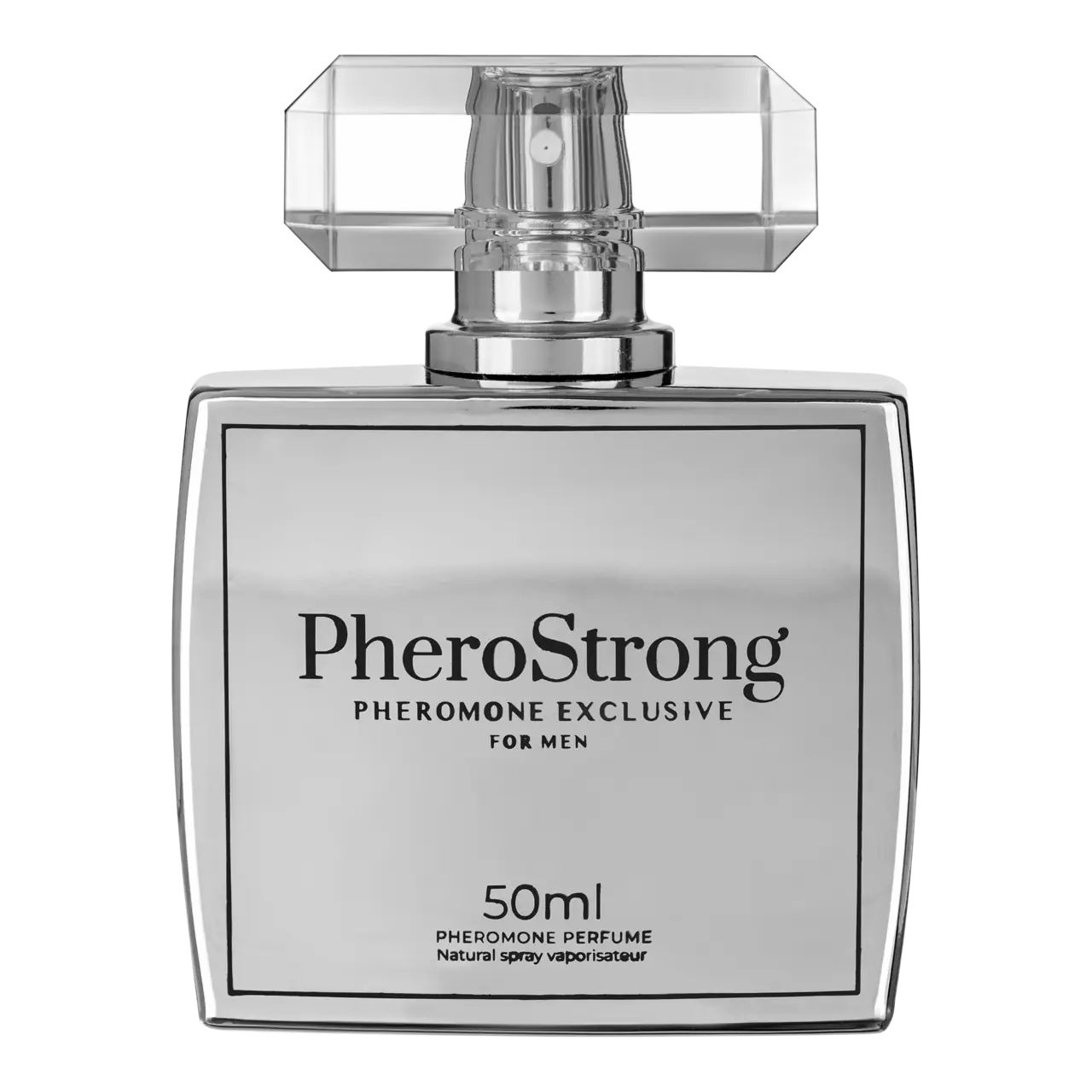 Silberfarbener Flakon mit Aufschrift PheroStrong, Pheromone Exclusive for Men. 50ml, Natural spray vaporisateur.