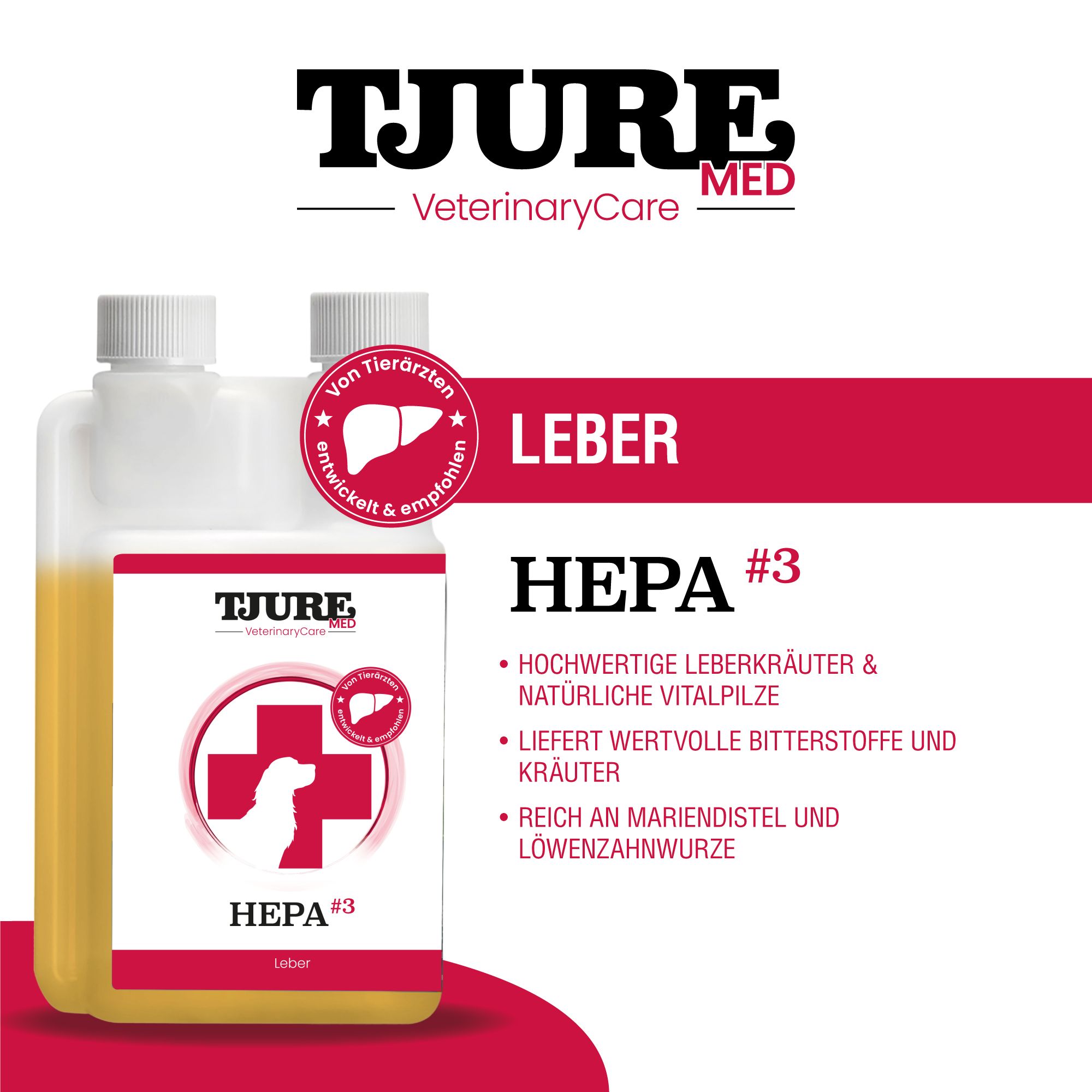 Doppelflasche mit gelber Flüssigkeit. Etikett mit HEPA #3, Leber, TJURE MED Logo und Text. Von Tierärzten entwickelt.