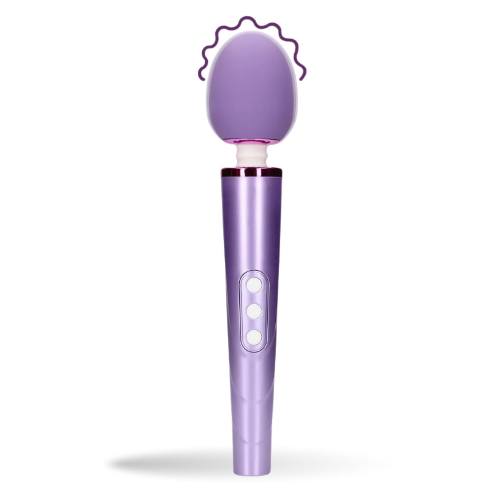 Lila Stabvibrator. Lila Kopf mit gewelltem Rand. Drei Knöpfe am Griff. 