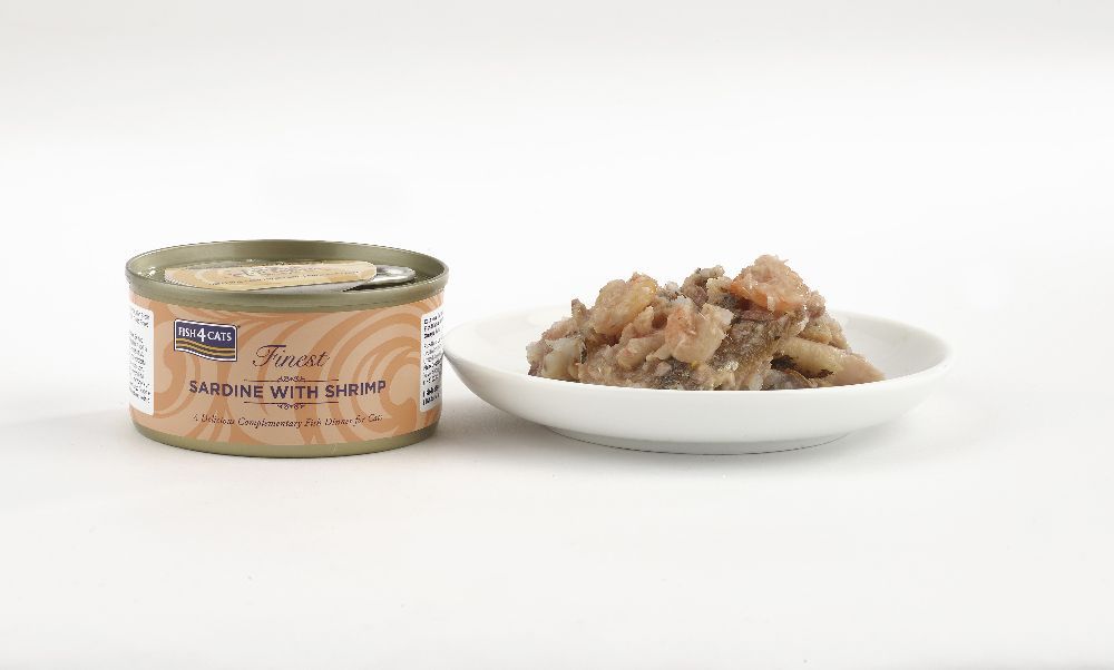 Fish4Cats-Dose und Futter auf Teller. Produktname auf Dose. Weißer Hintergrund.