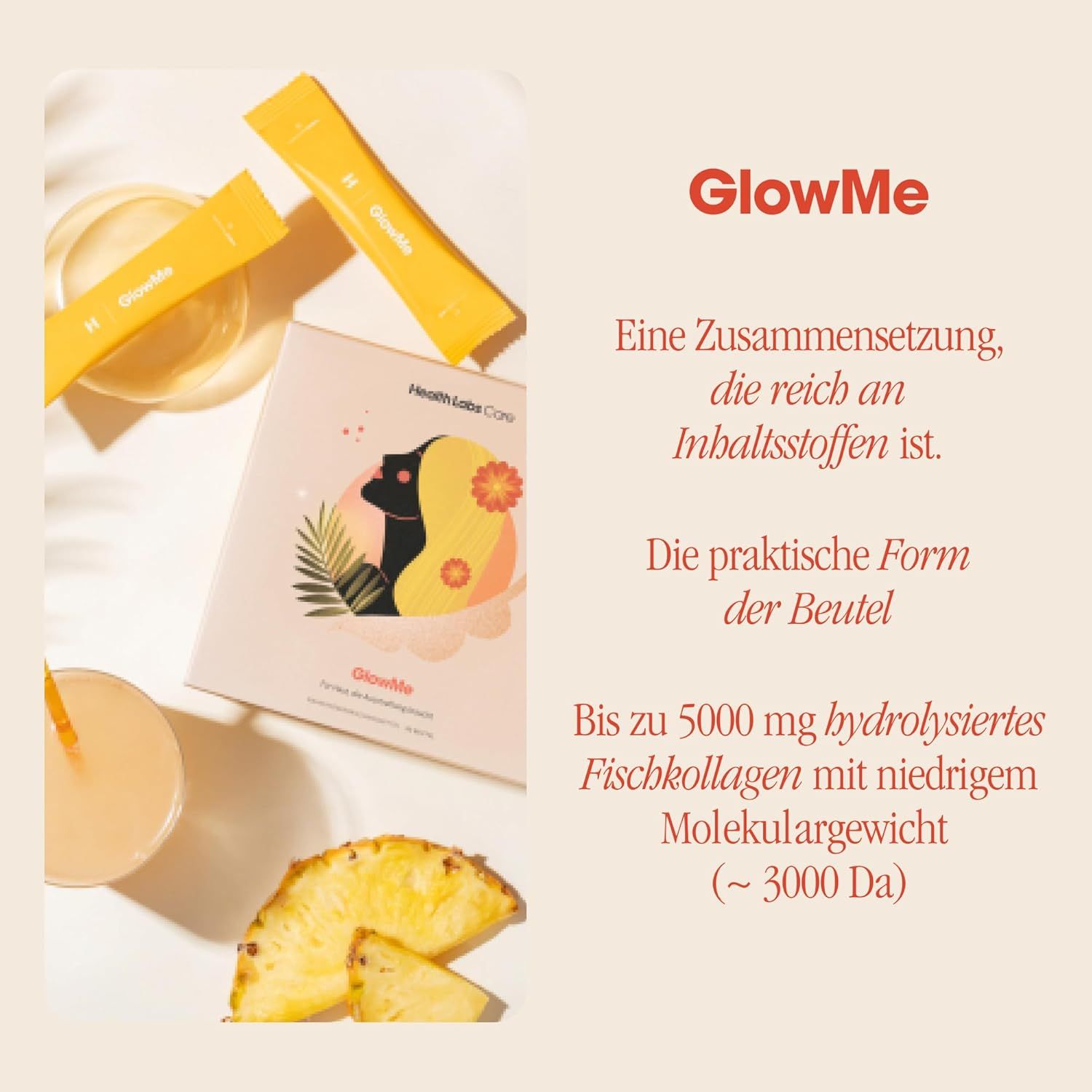 Gelbe Beutel und Produktverpackung. Text: GlowMe. Text: Health Labs Care. Text: Bis zu 5000 mg hydrolysiertes Fischkollagen.