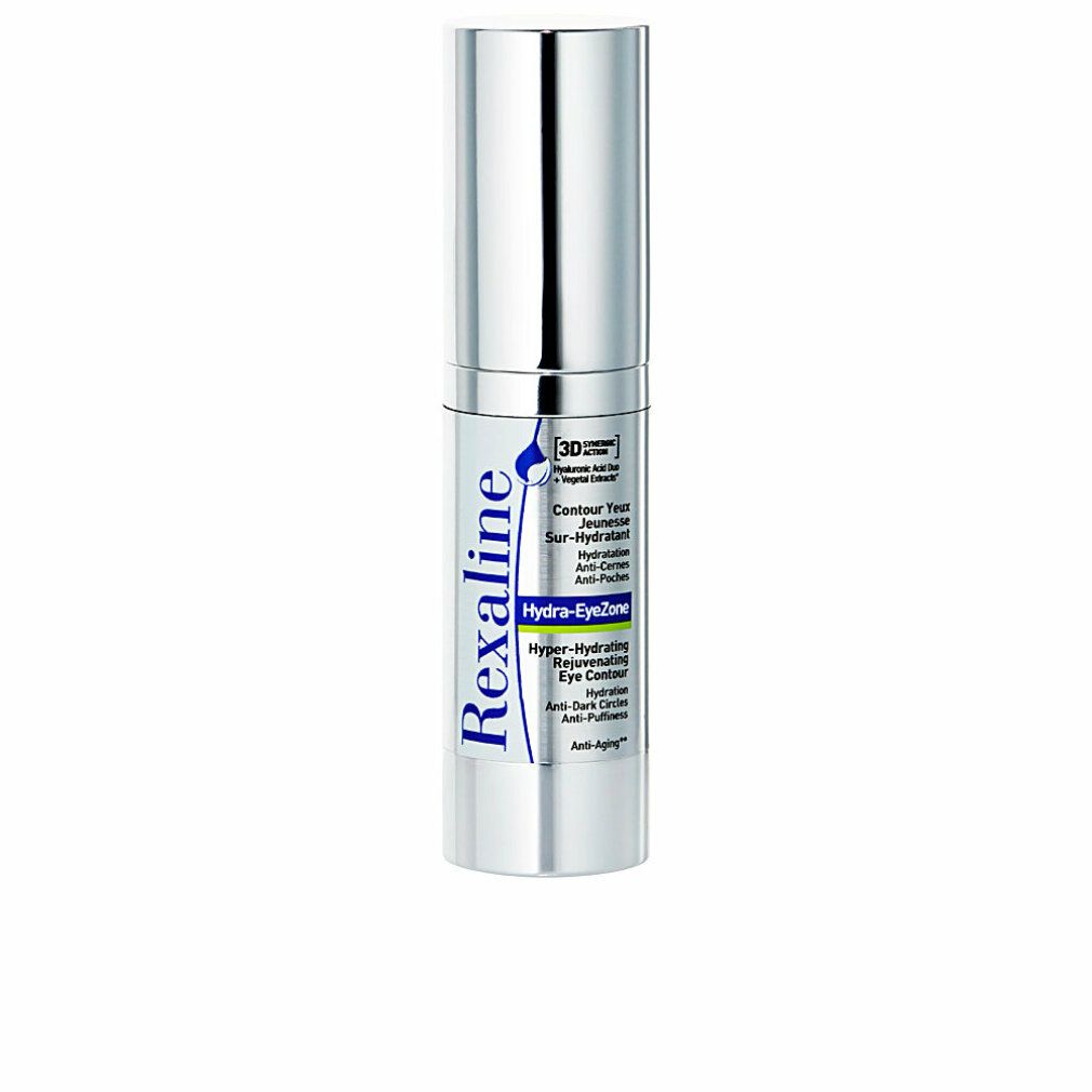 Zylindrische Flasche mit silberner Kappe. Aufschrift: Rexaline, Hydra-EyeZone, Hyper-Hydrating Eye Contour.
