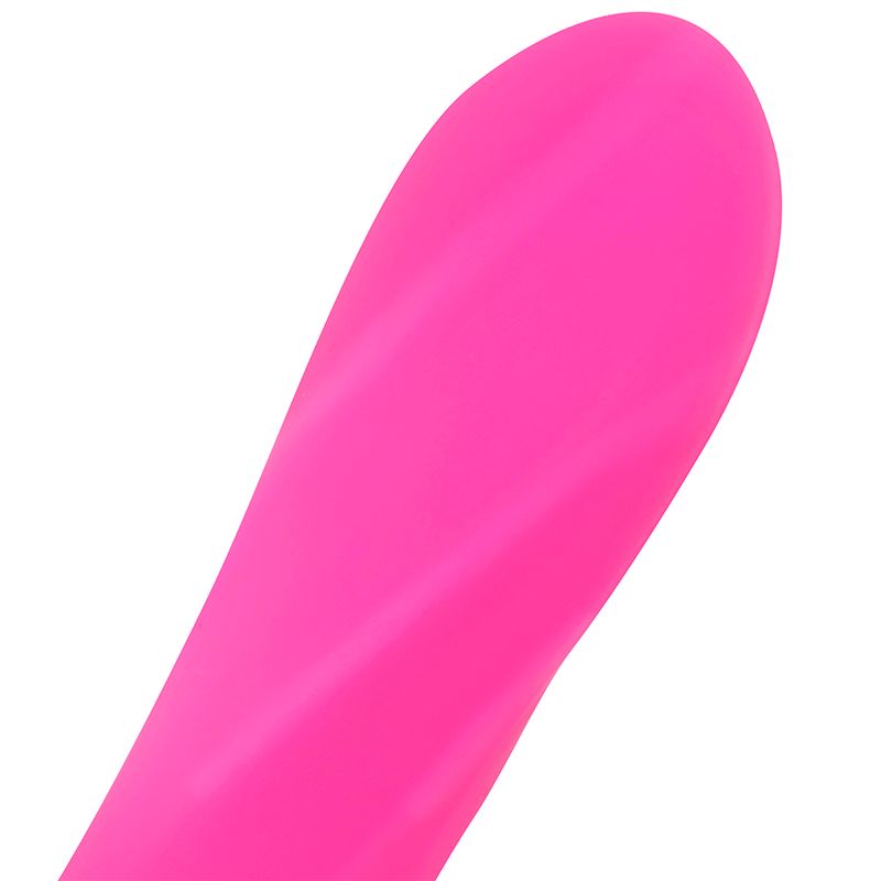 Rosa Silikon-Vibrationskugel, länglich, mit gewellter Oberfläche. Auf weißem Hintergrund.