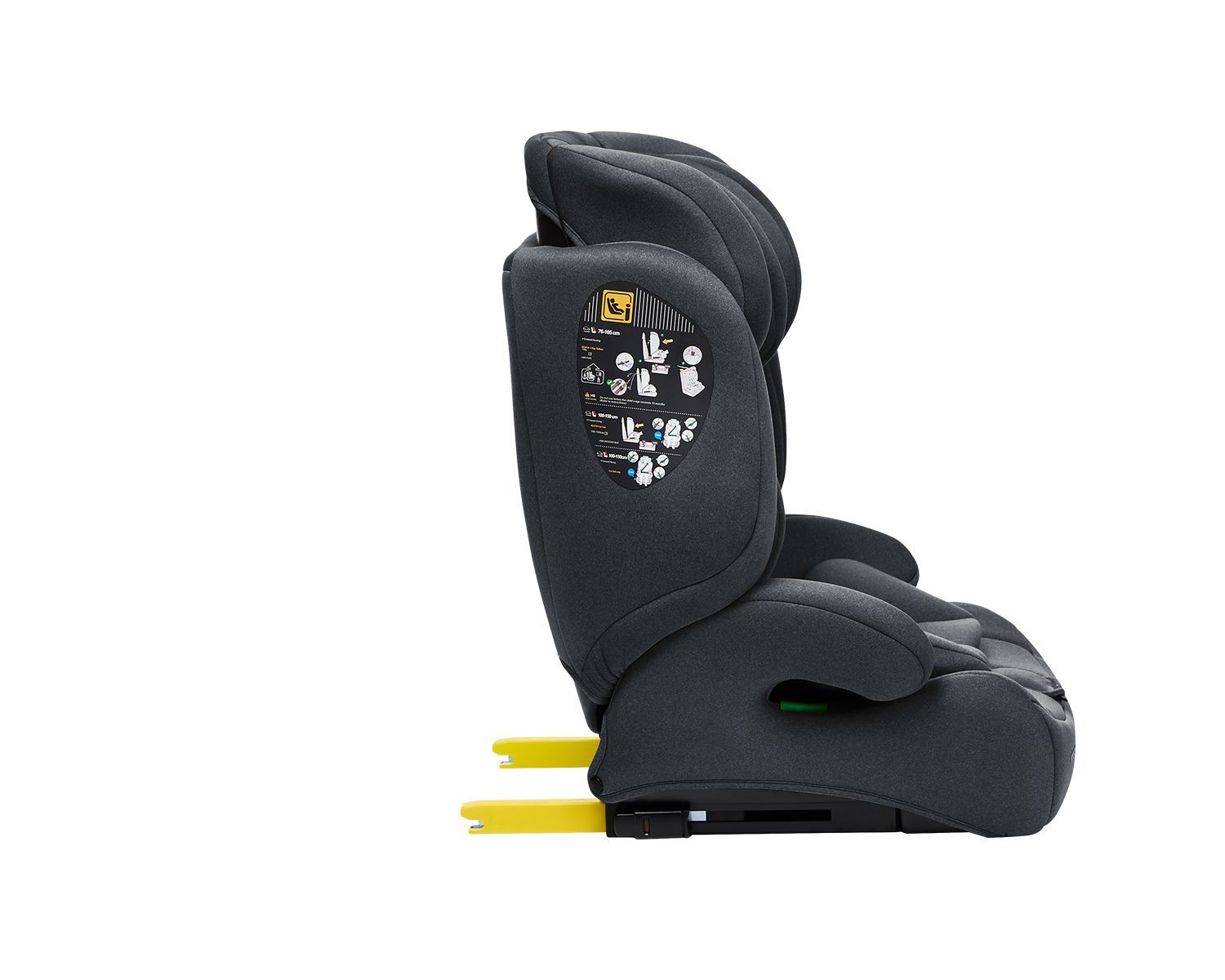 Grauer Kindersitz mit verstellbarer Kopfstütze und Seitenaufprallschutz.