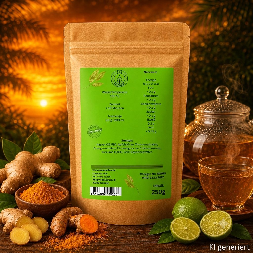 Teebeutel mit Kurkuma Ingwer Limette Tee, 250g, umgeben von frischen Zutaten und einer Tasse Tee.