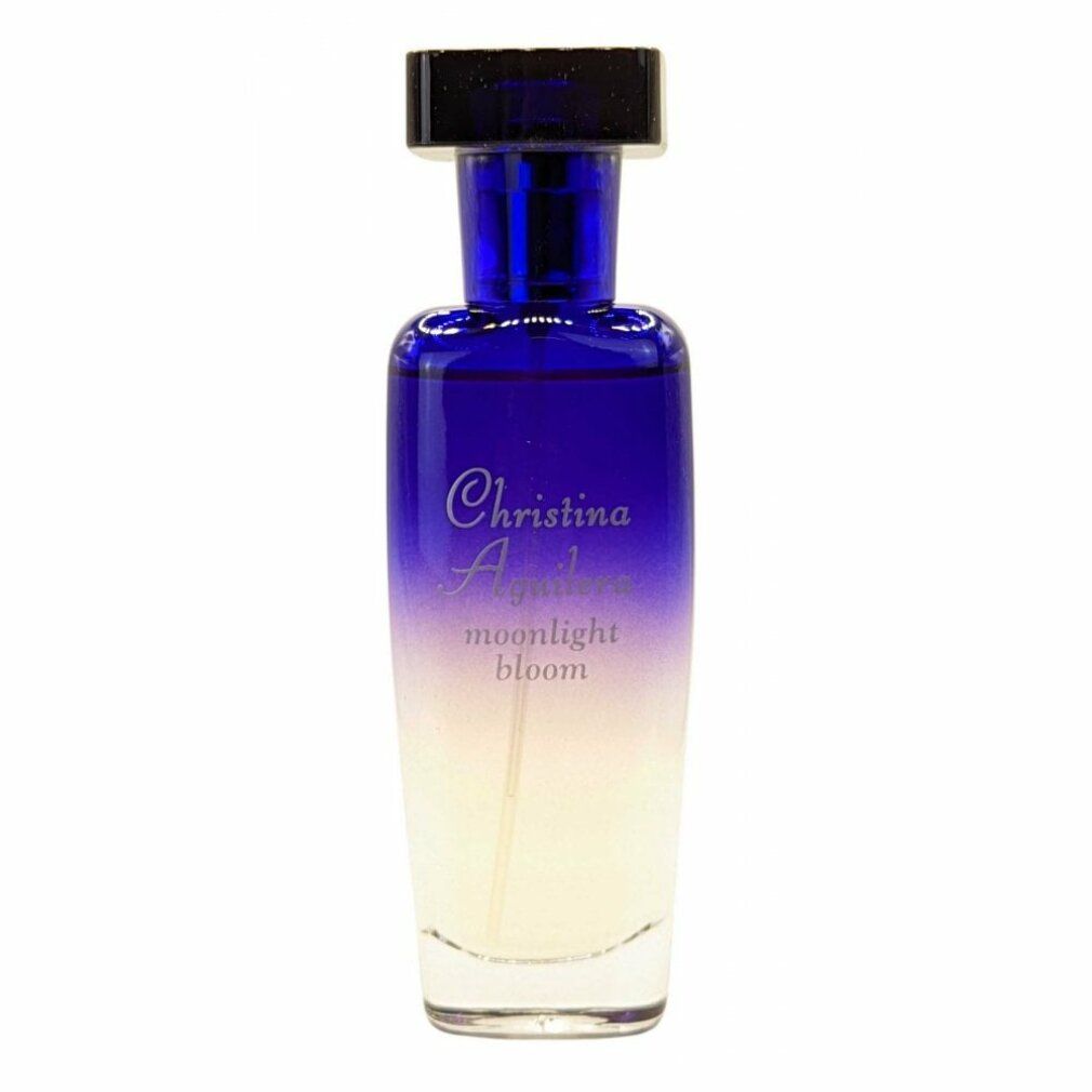 Flacone di profumo sfumato blu e bianco. Tappo nero. Scritta: Christina Aguilera, moonlight bloom.