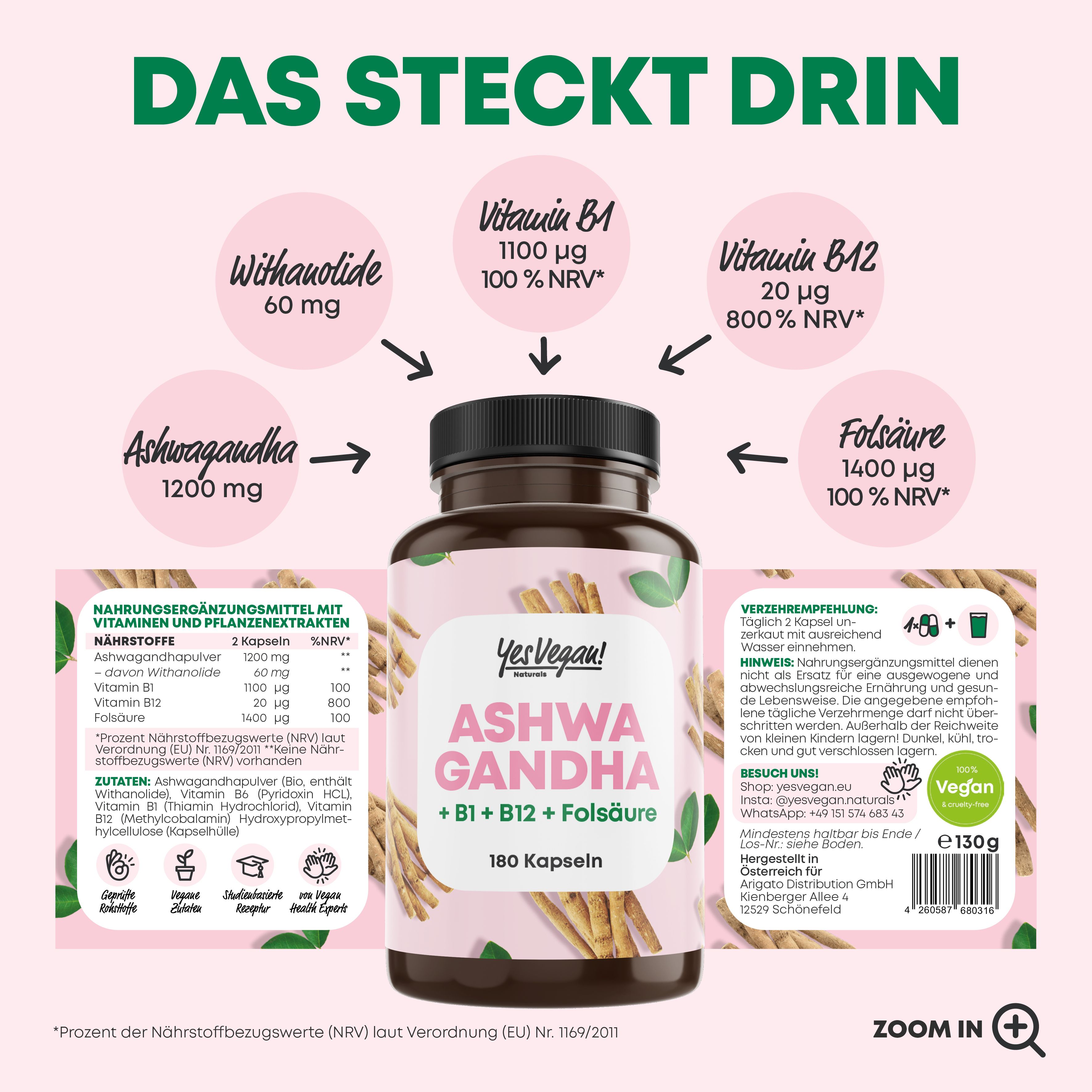Ashwagandha Kapseln (180 Stück) hochdosiert mit Ashwagandha hochdosiert, Vitamin B12 B1 B6