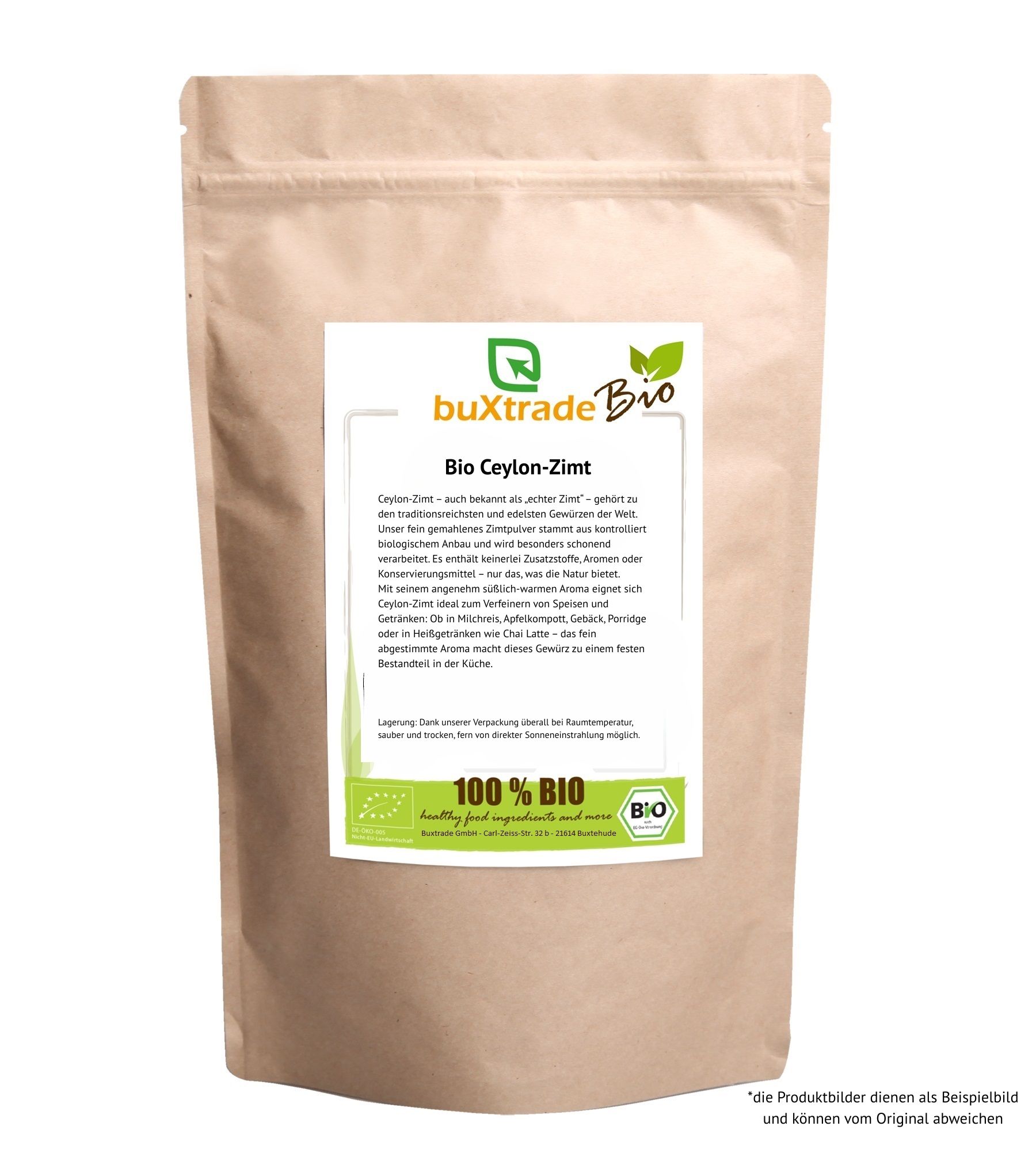 Braune Papiertüte mit dem Produkt 'buXtrade Bio Ceylon Zimt'. Enthält Bio-Siegel und Textinformationen.