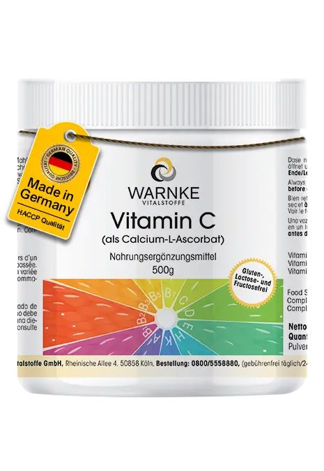 Weißes Behältnis mit Warnke Vitamin C. Gelbes Etikett: Made in Germany. Aufschrift: Nahrungsergänzungsmittel, 500g.