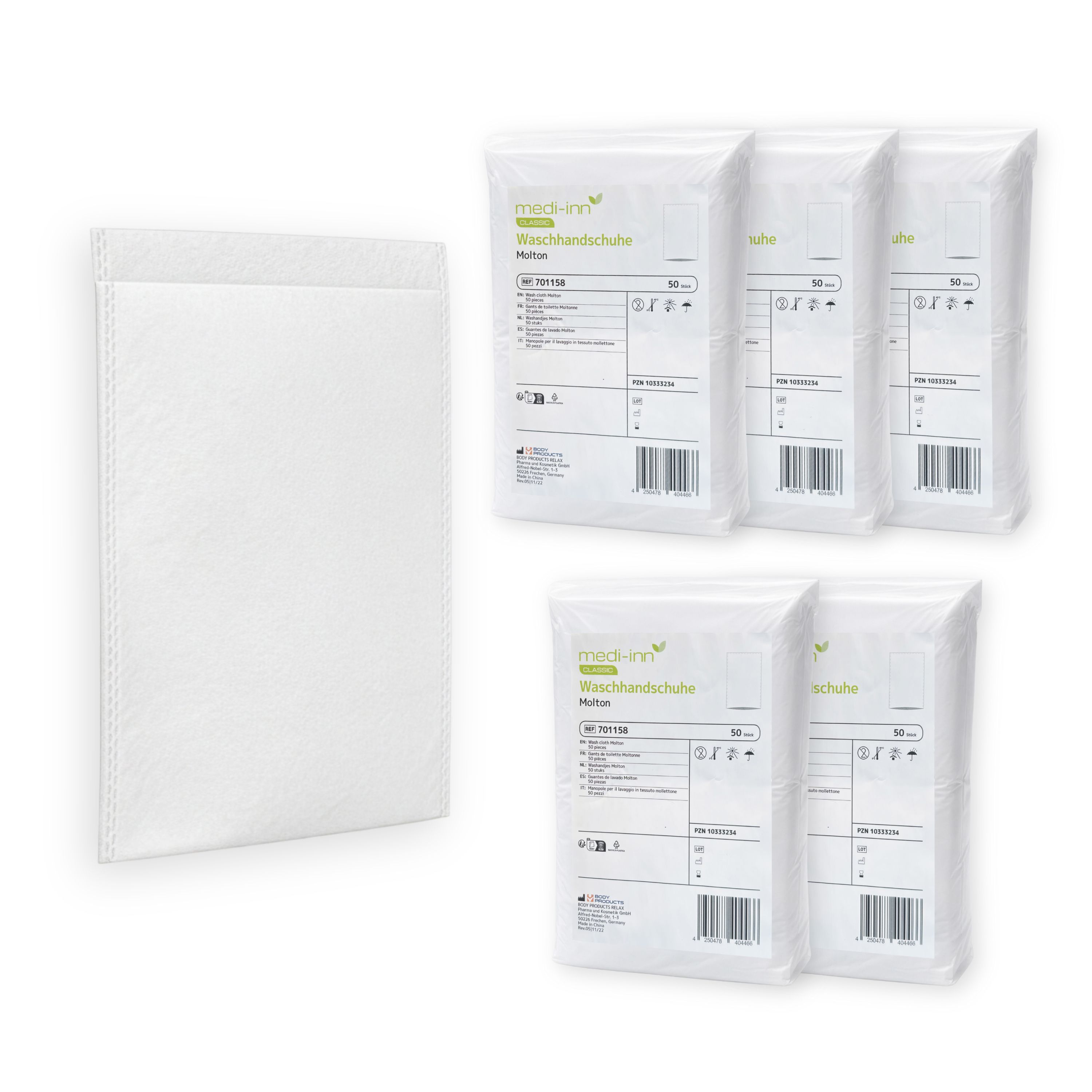 Weißer Waschhandschuh und Packungen. Packungen mit 50 Waschhandschuhen. Marke: medi-inn.