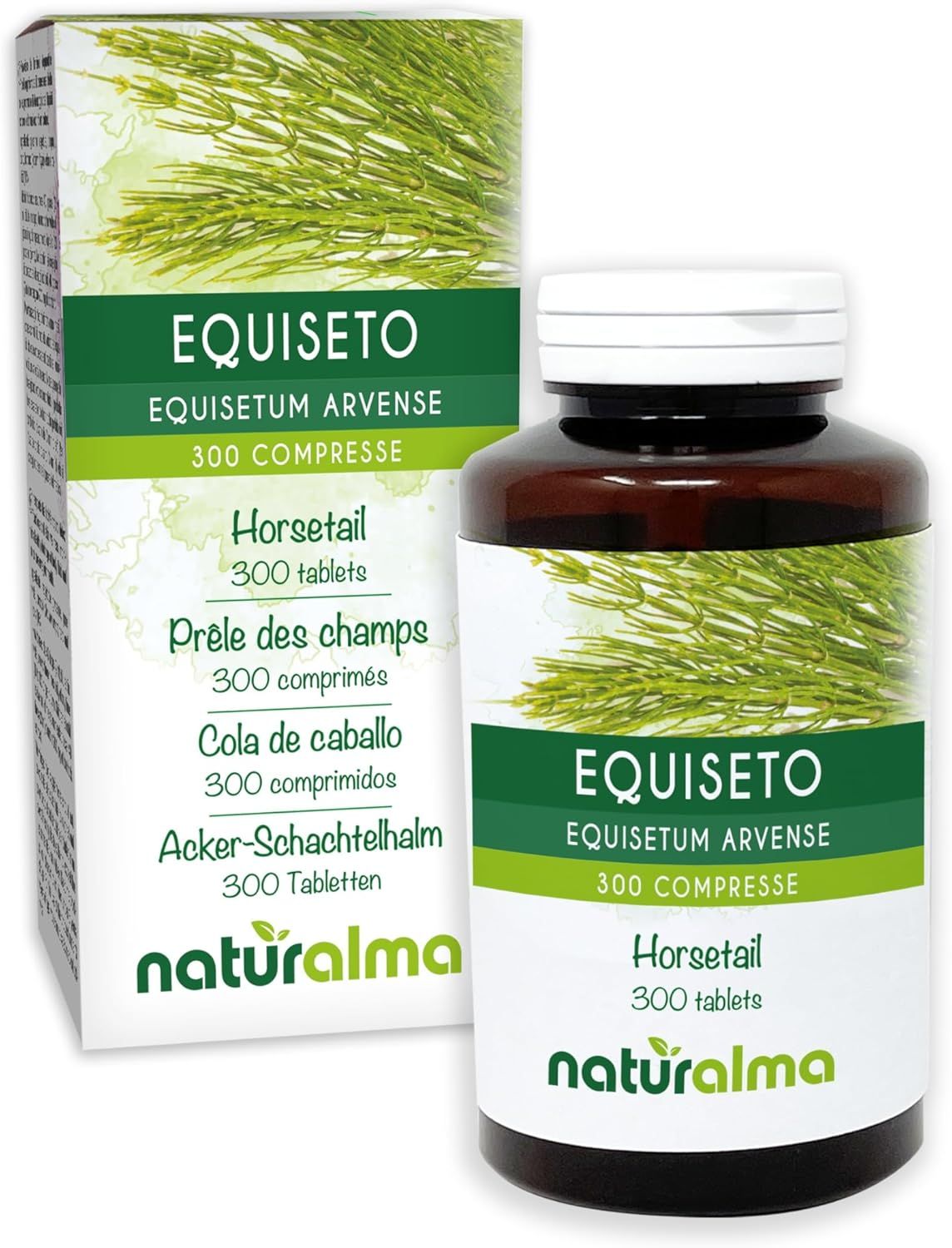 Tablettenflasche und Schachtel mit Produktinformationen: Equiseto, 300 Tabletten. Logo Naturalma.