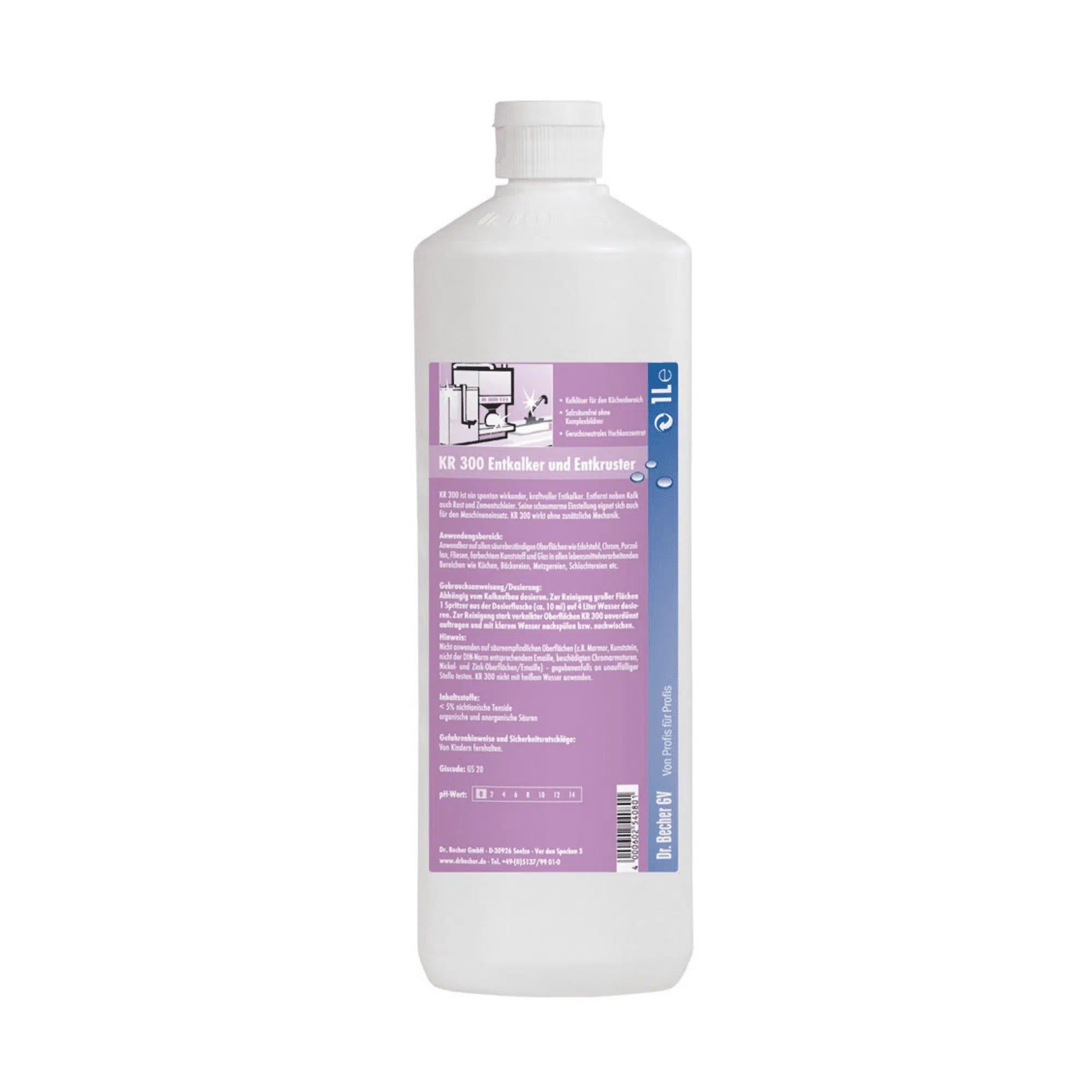 Weiße Flasche mit Schraubverschluss. Aufkleber mit Produktinformationen und Logo. Produktname: KR 300 Entkalker und Entkruster.