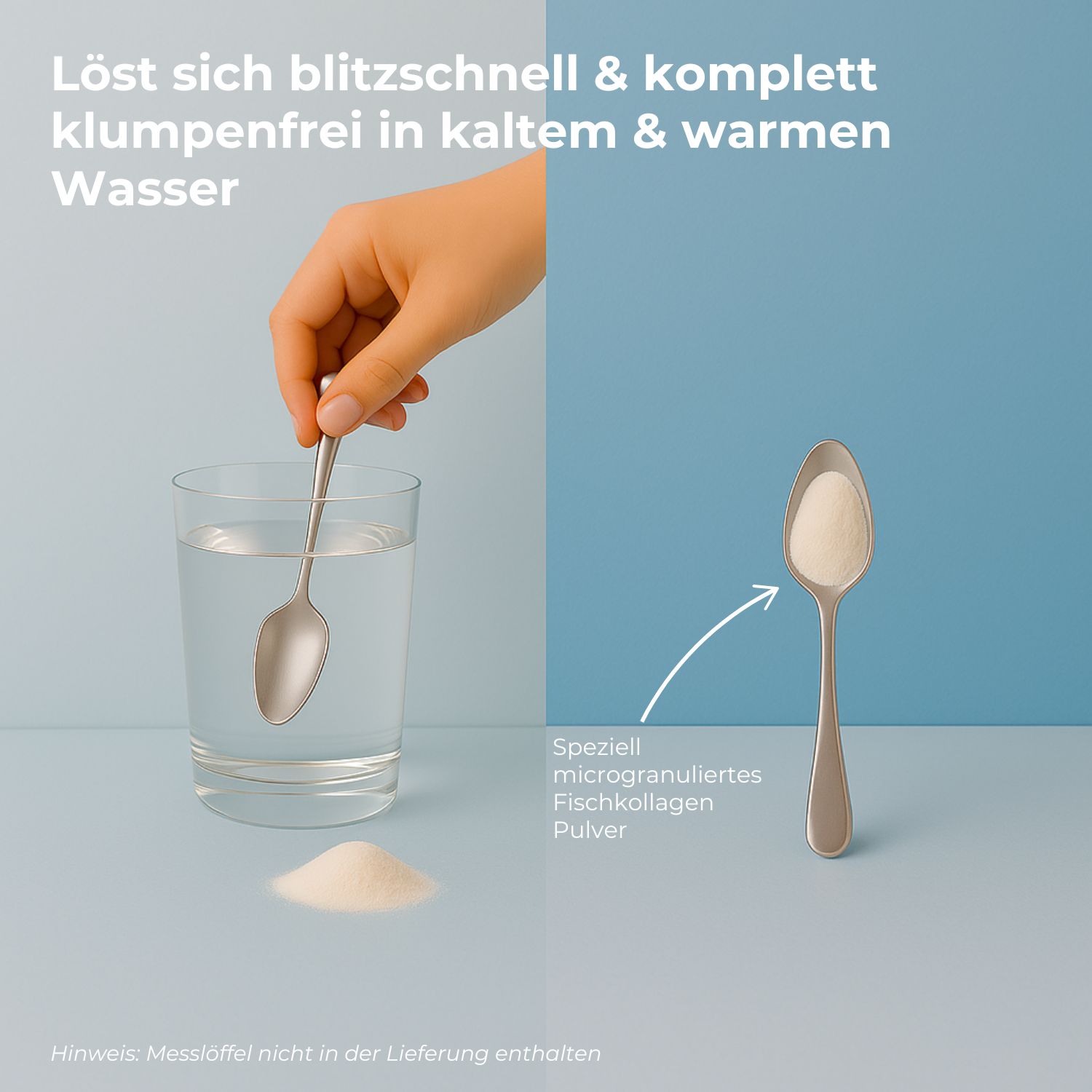 Hand mit Löffel und Pulver. Löffel mit Pulver. Glas Wasser. Text: Fischkollagen löst sich schnell.