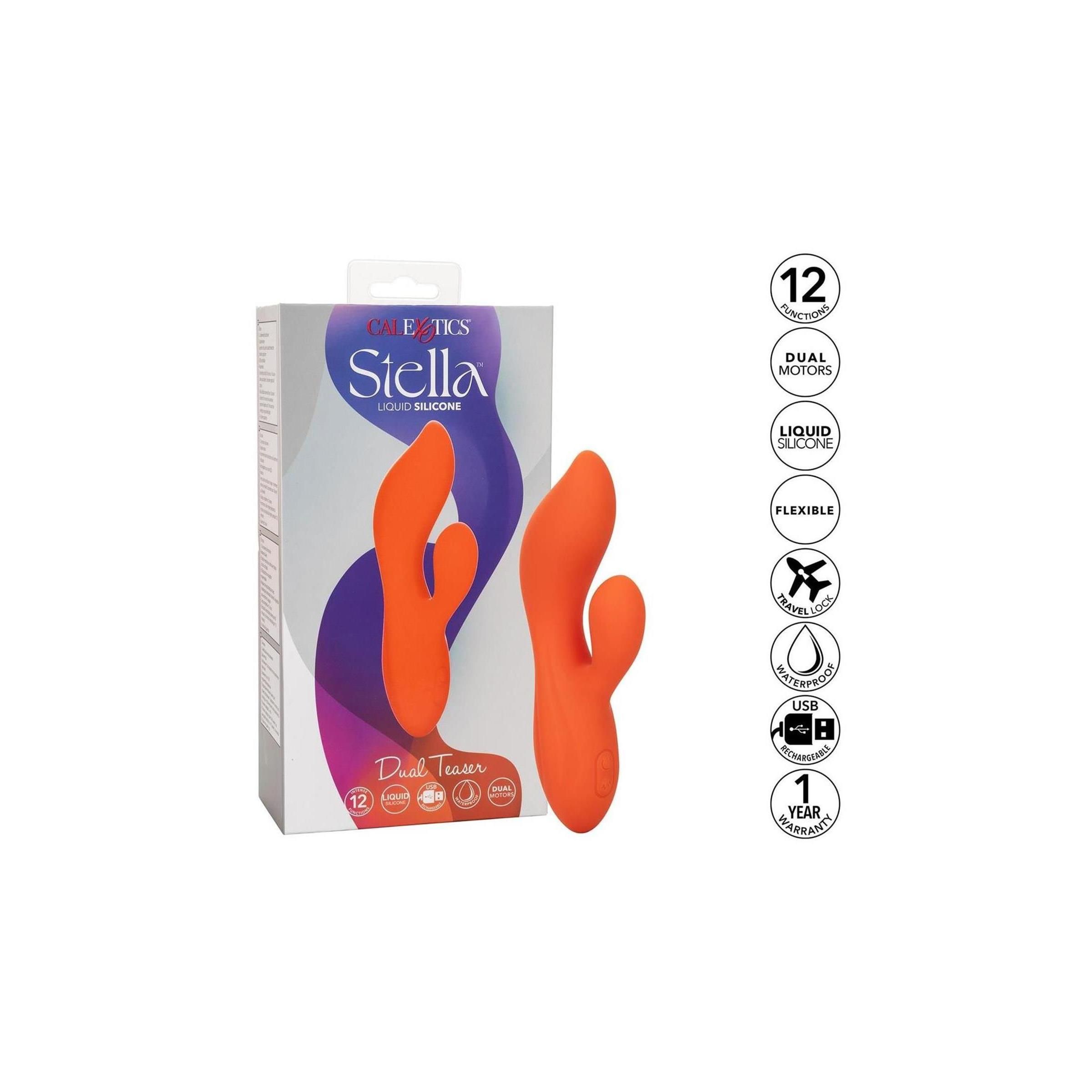 Wellness-Produkt in Verpackung. Zwei orangefarbene Produkte. Aufschrift "Stella Dual Teaser".