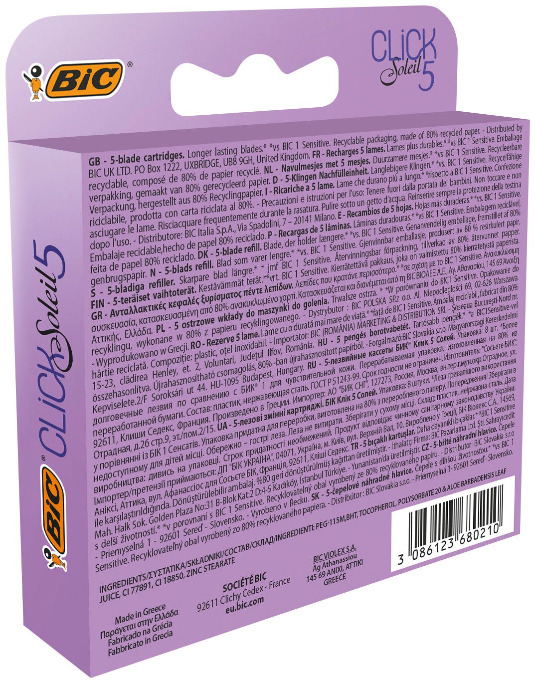 Verpackung mit BIC Click 5 Soleil Rasierer-Nachfüllpackungen. Lila. Text auf der Verpackung.