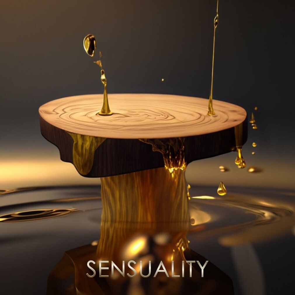 Goldfarbene Flüssigkeit tropft auf Holz. Text: SENSUALITY.
