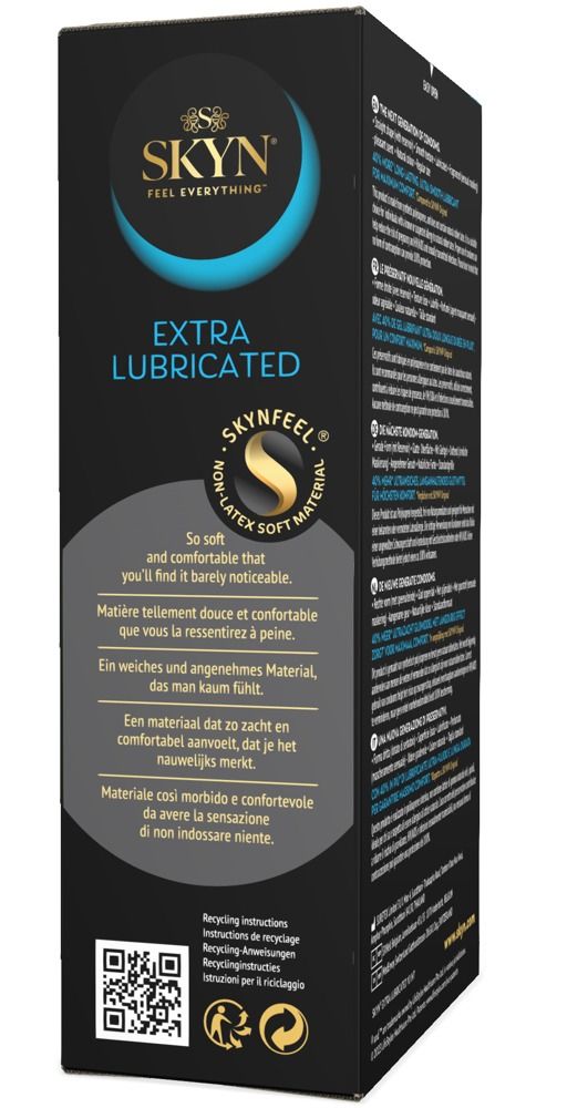 Verpackung mit Kondomen. Aufschrift: SKYN, Extra Lubricated, 10 Stück. Enthält das Label 'World's #1 Non-Latex Condom'.