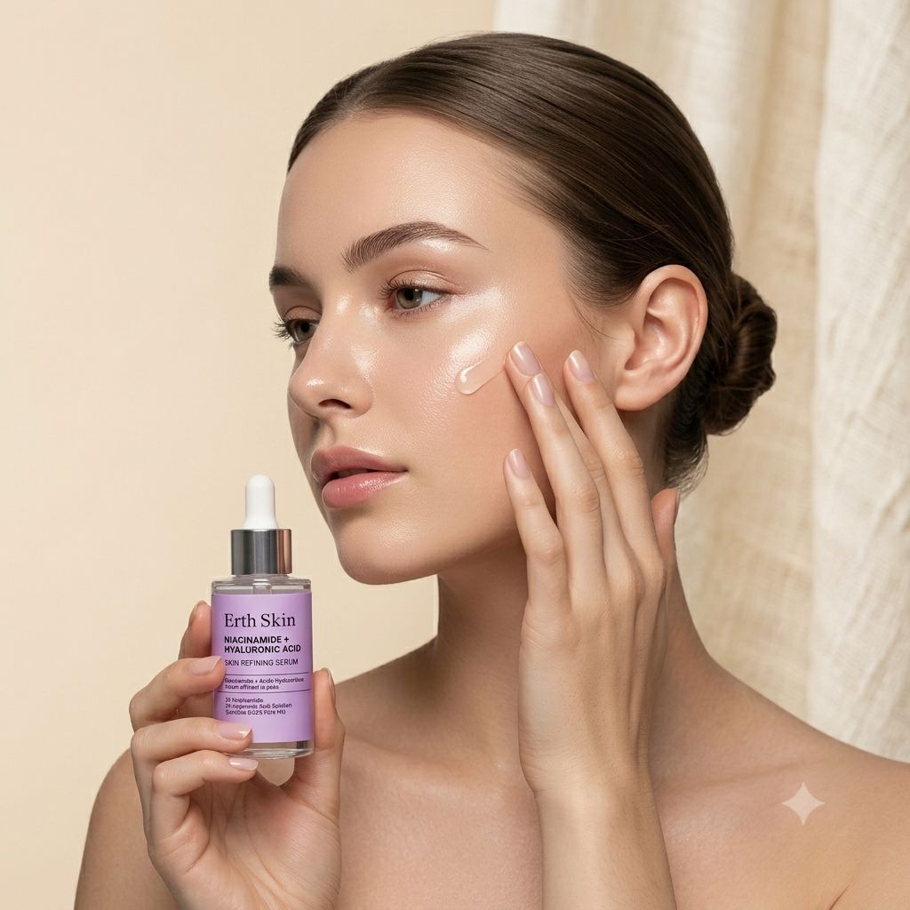 Frau trägt Erth Skin London Niacinamid + Hyaluronsäure Serum auf, hält die 30ml Flasche.