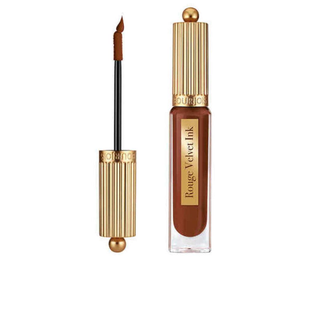 Lippenstift Bourjois Velvet Ink, braun. Goldfarbene Kappe, schwarzer Applikator. Produktname auf dem Flakon.