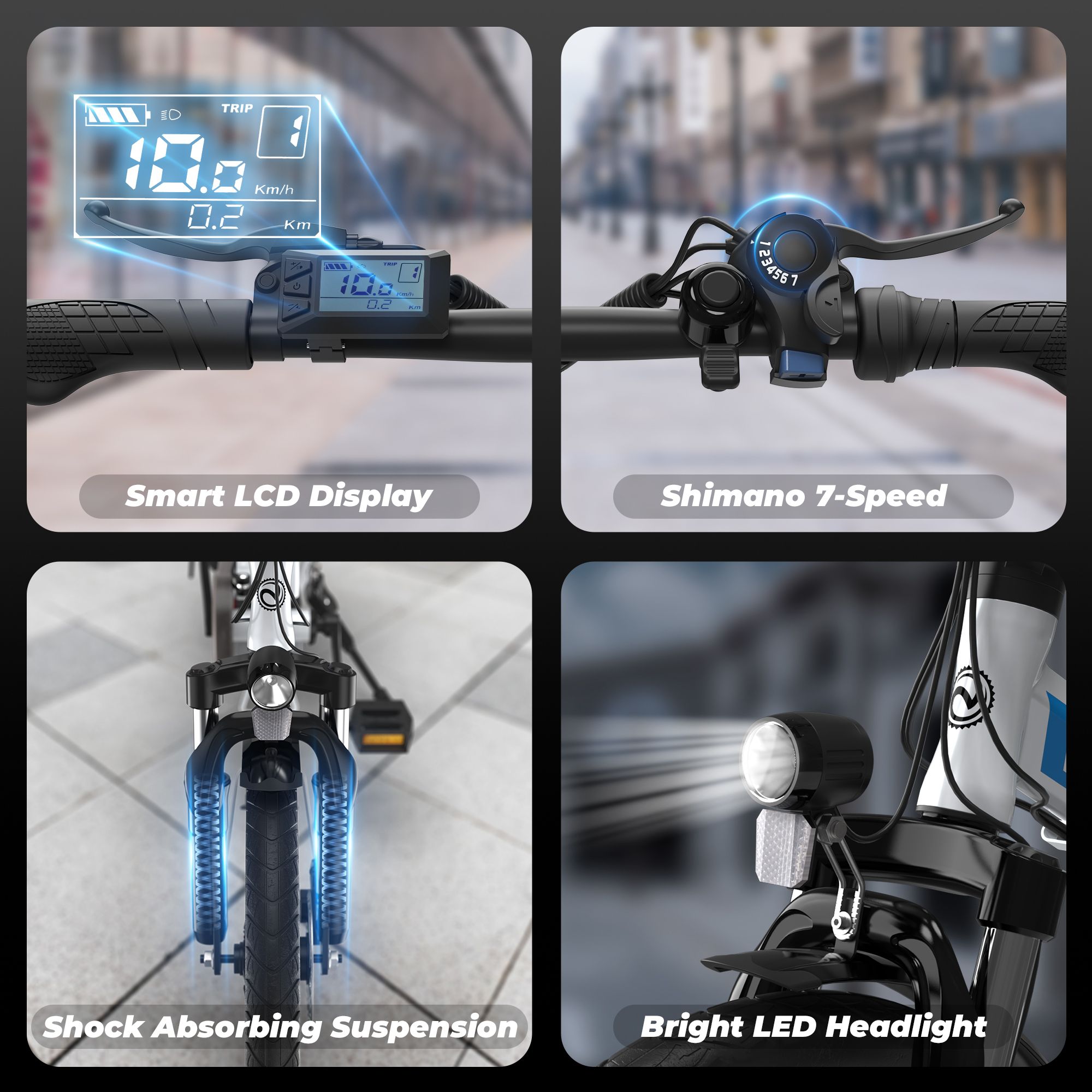 E-Bike-Details. Smart LCD-Display. Shimano 7-Gang. Stoßdämpfende Federung. Heller LED-Scheinwerfer.