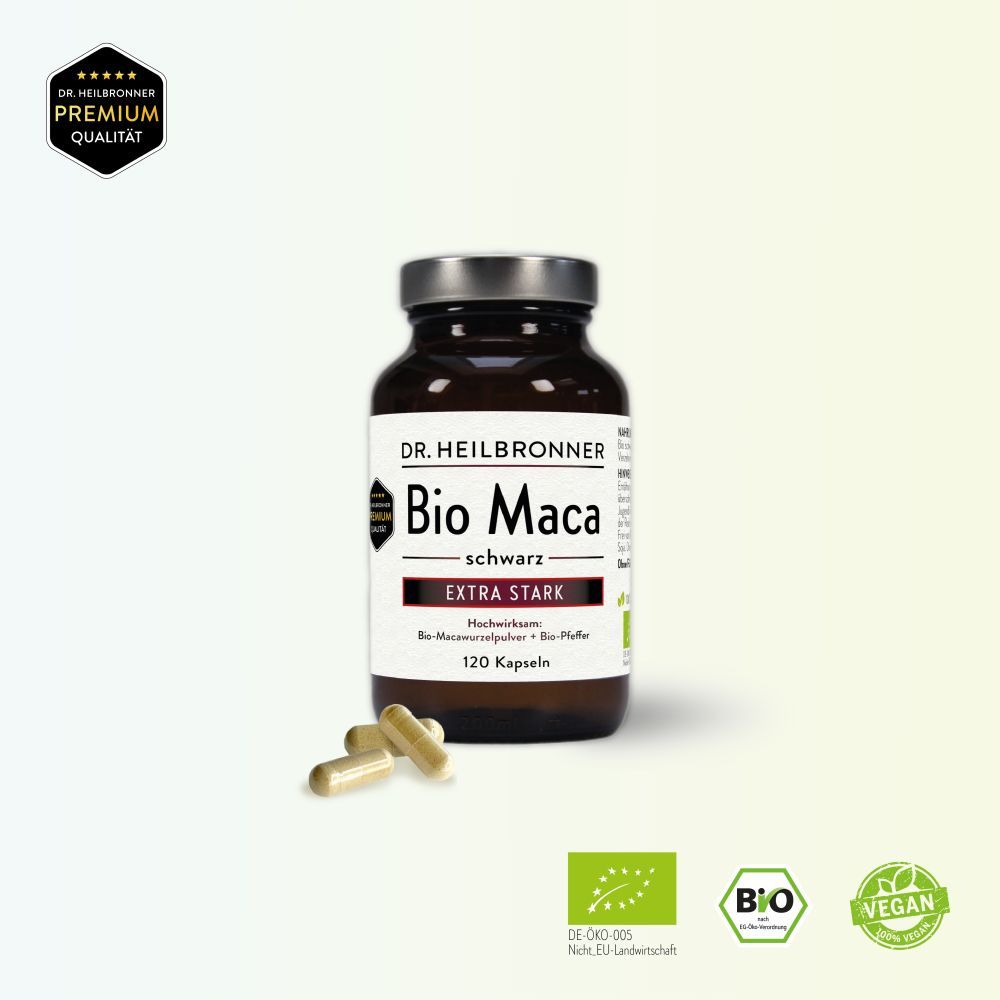 Braune Glasflasche mit schwarzen Kapseln. Aufschrift: Bio Maca schwarz Extra Stark. 120 Kapseln. Bio-Siegel.