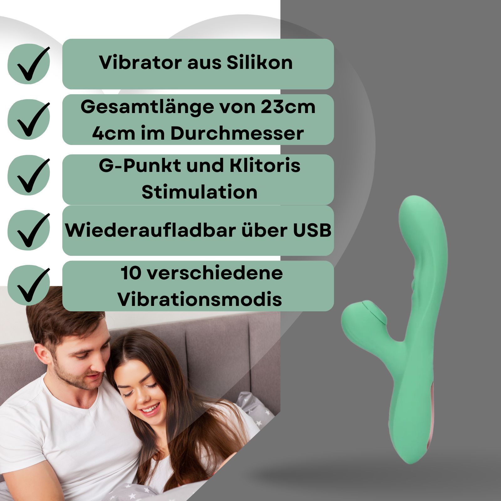 Grüner Vibrator. Text: Silikon, 23 cm lang, 4 cm Durchmesser, USB, 10 Modi.