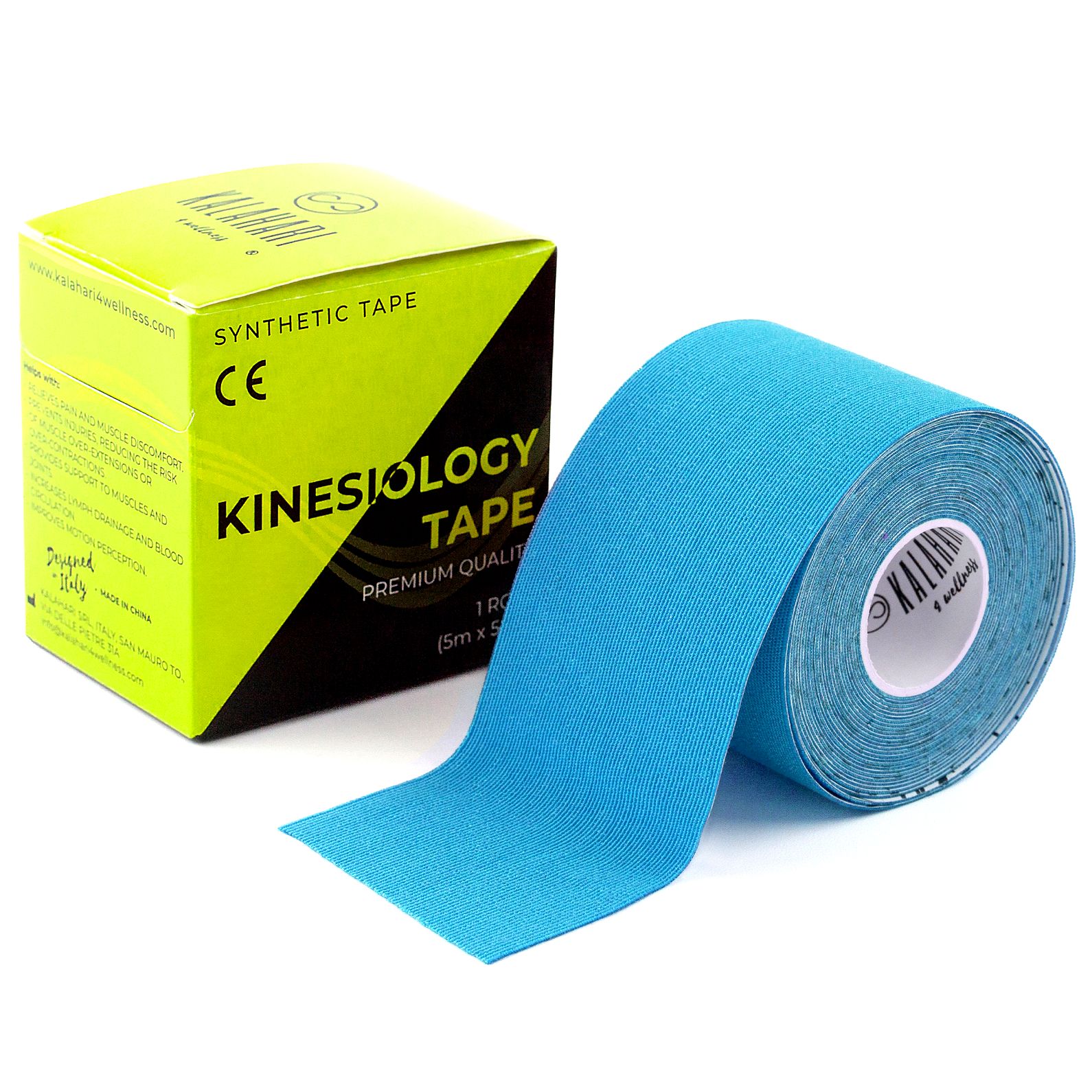 Eine Rolle blaues Kinesiologie-Tape neben einer geöffneten Verpackung.