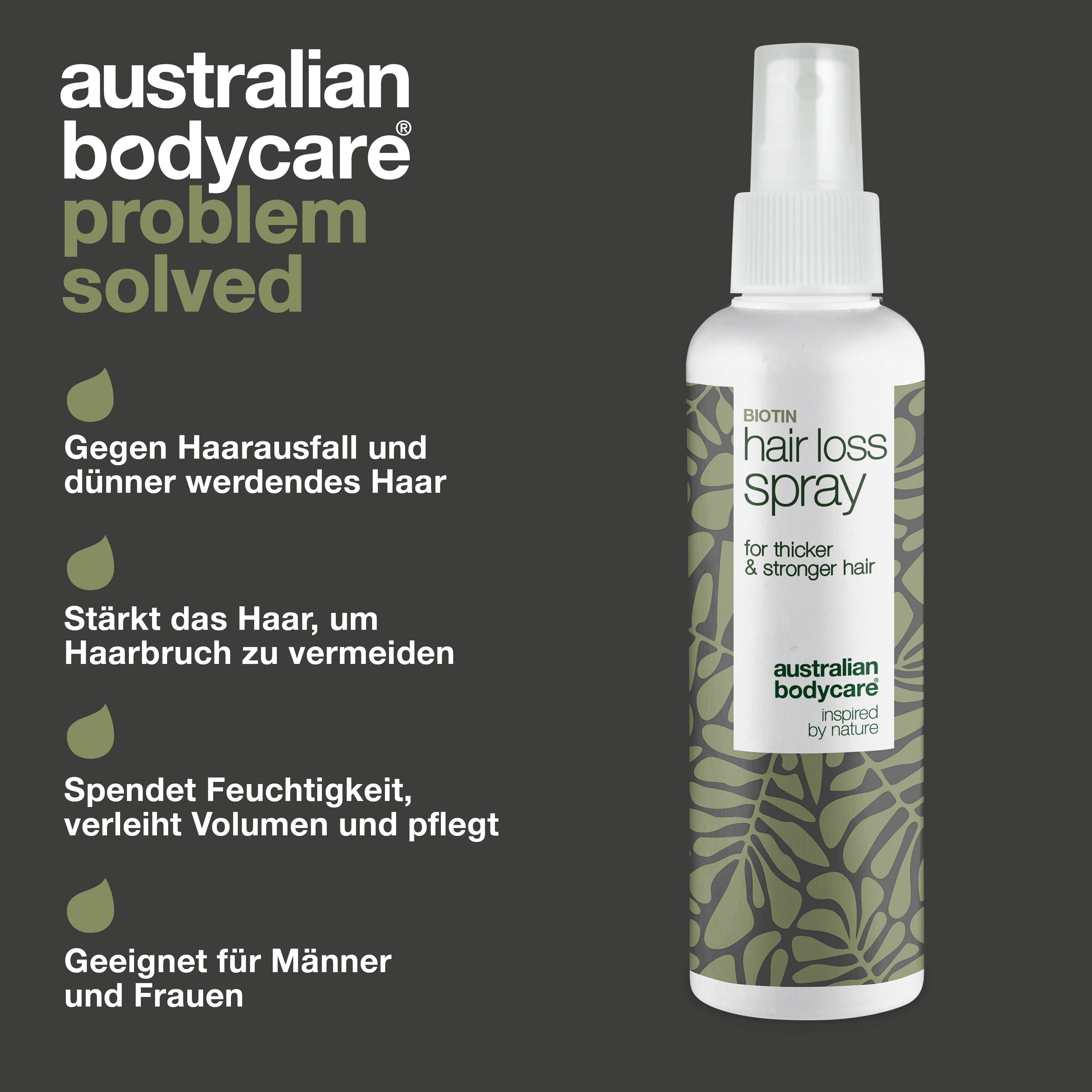 Problem gelöst. Gegen Haarausfall, dünner werdendes Haar. Biotin Hair Loss Spray. Australian Bodycare.