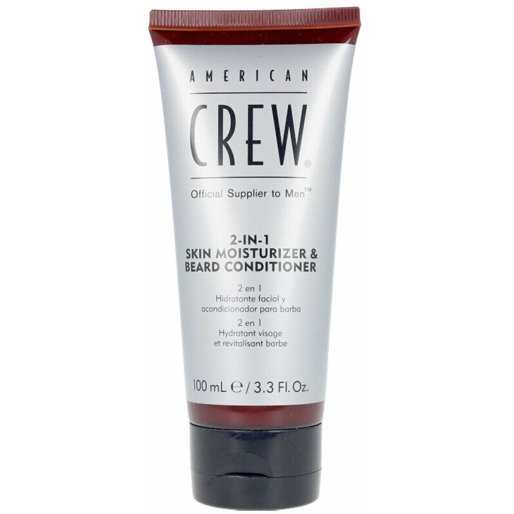 Tube mit Produktaufdruck. Text: AMERICAN CREW, 2-in-1 Skin Moisturizer & Beard Conditioner. 100 ml / 3.3 Fl. Oz.