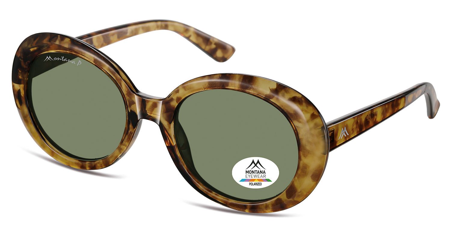 Sonnenbrille mit braunem Rahmen und grünen Gläsern. Logo und Polarized-Aufkleber. Montana Eyewear.