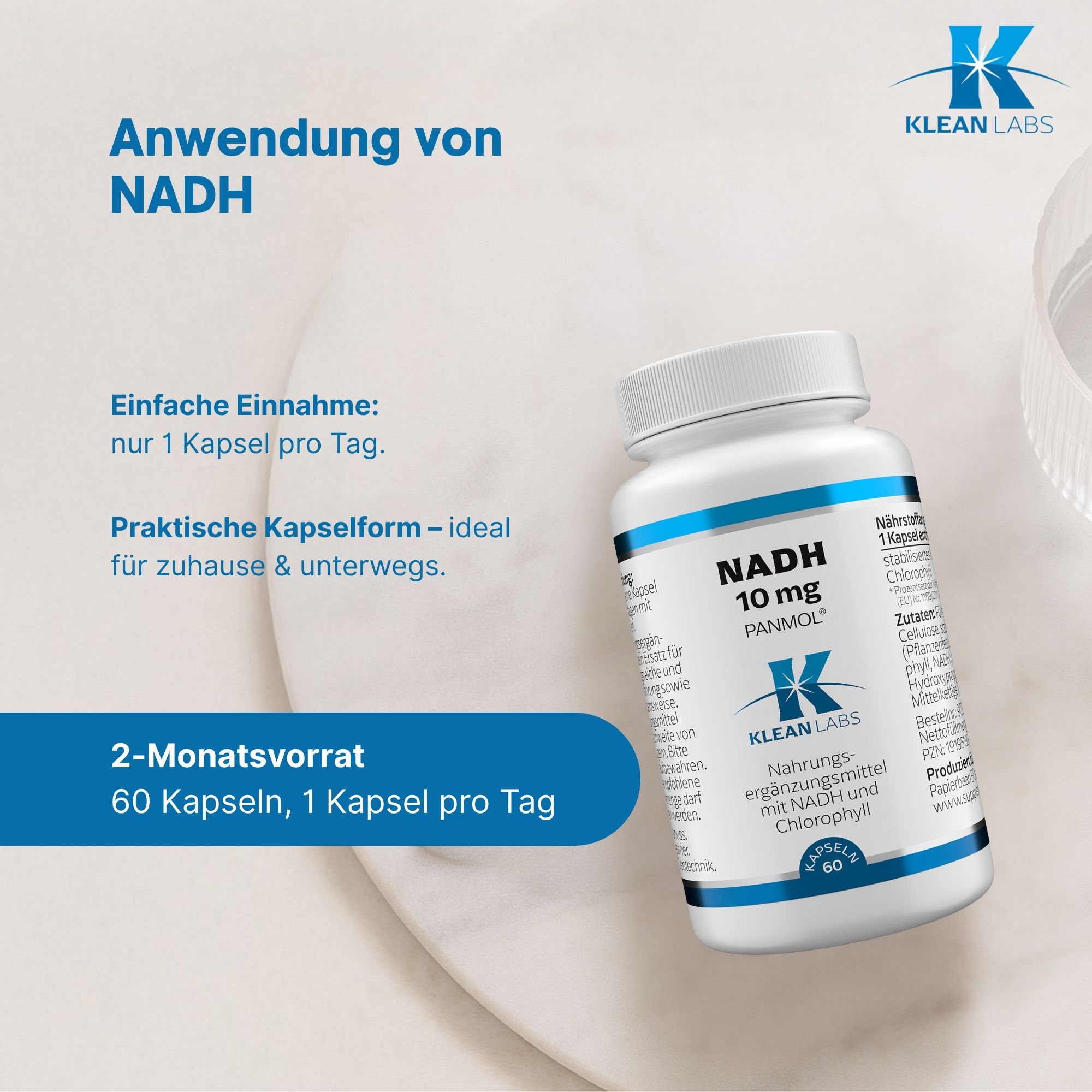 Blaue Infografik mit Text und Symbolen. Enthält Informationen zur Anwendung von NADH. Klean Labs Logo.